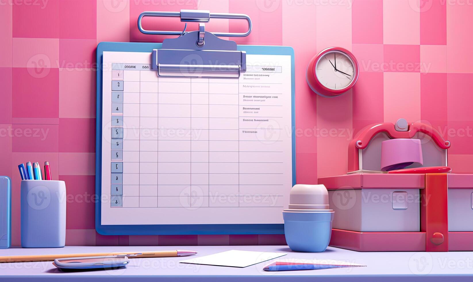 3d illustration of office desk with notepad and stationery. AI Generated. photo