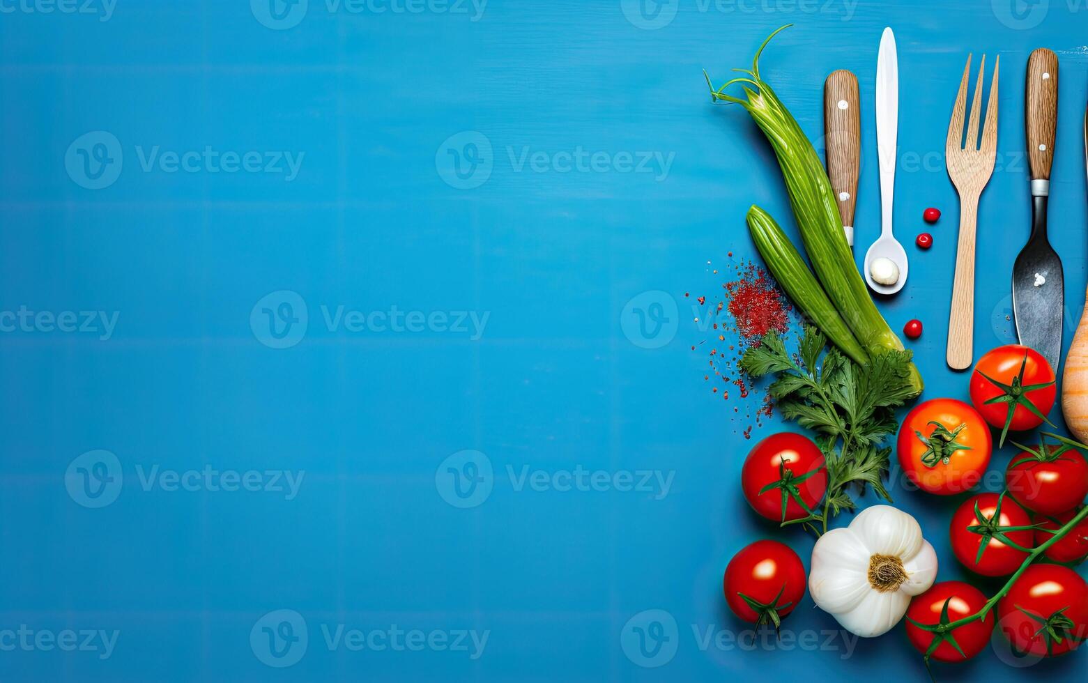 Fresh vegetables on a blue background, top view, copy space. . photo