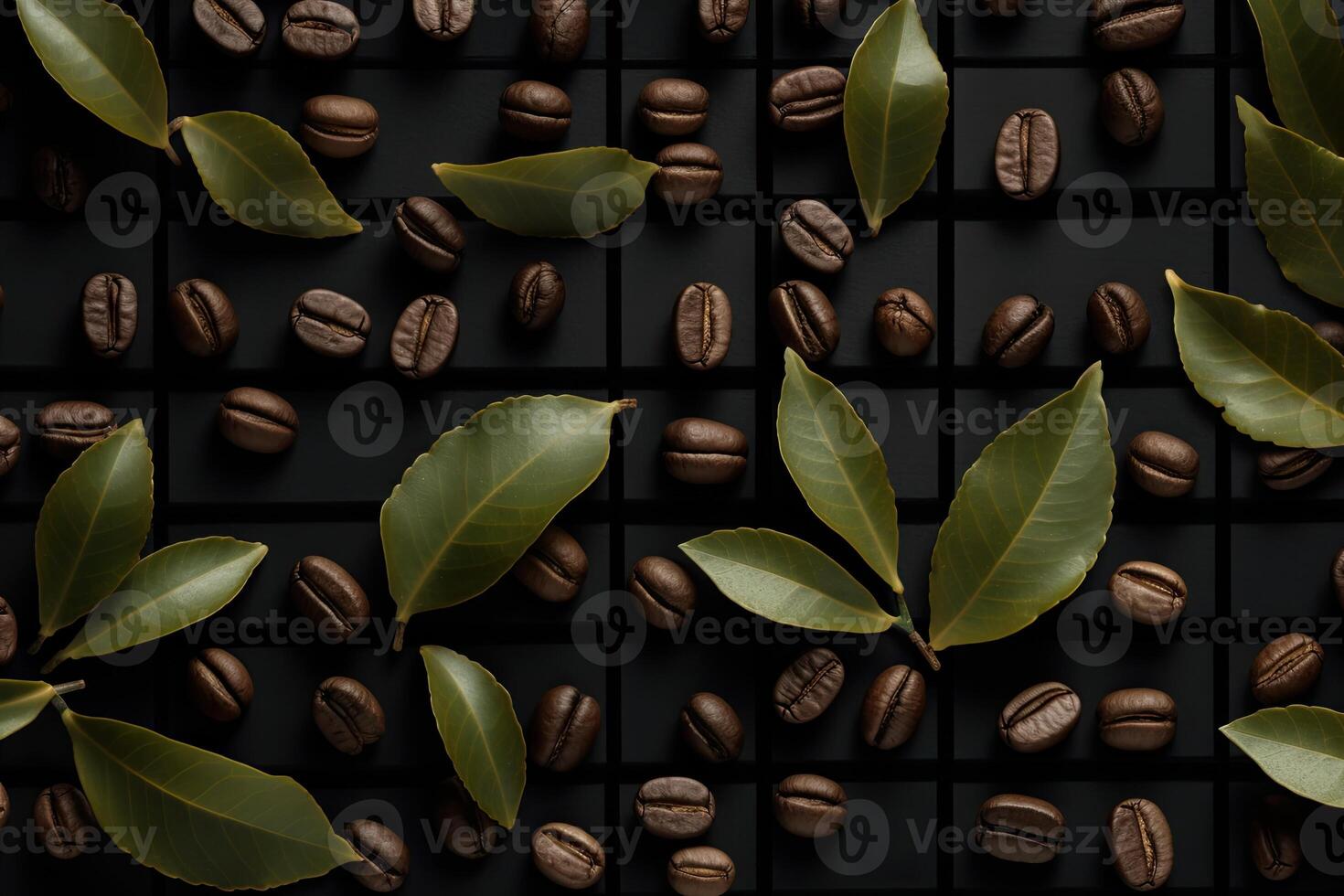 Coffee beans and bay leaf on black background, top view. . photo