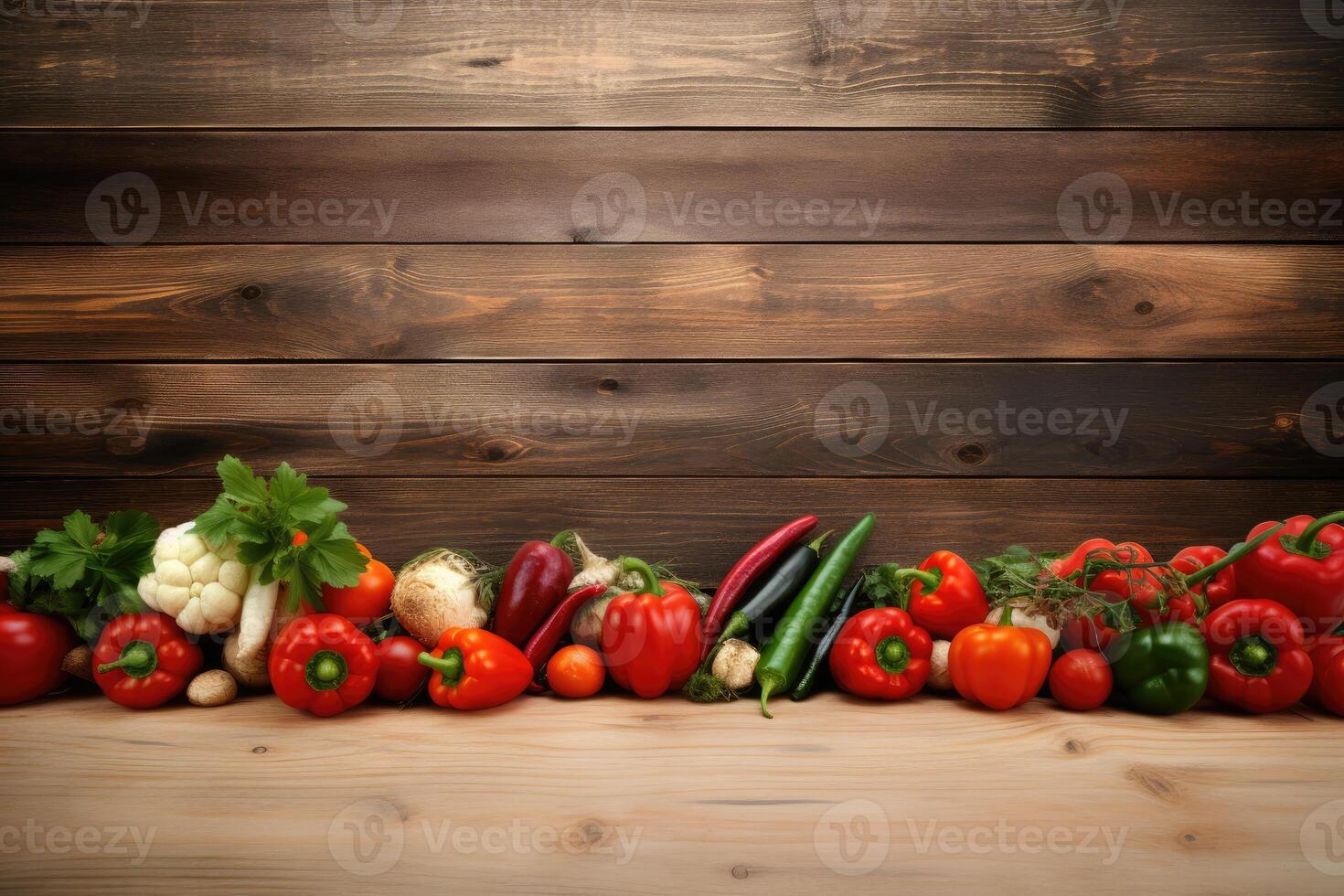 Fresh vegetables on wooden background. Healthy food concept. Copy space. AI Generated. photo