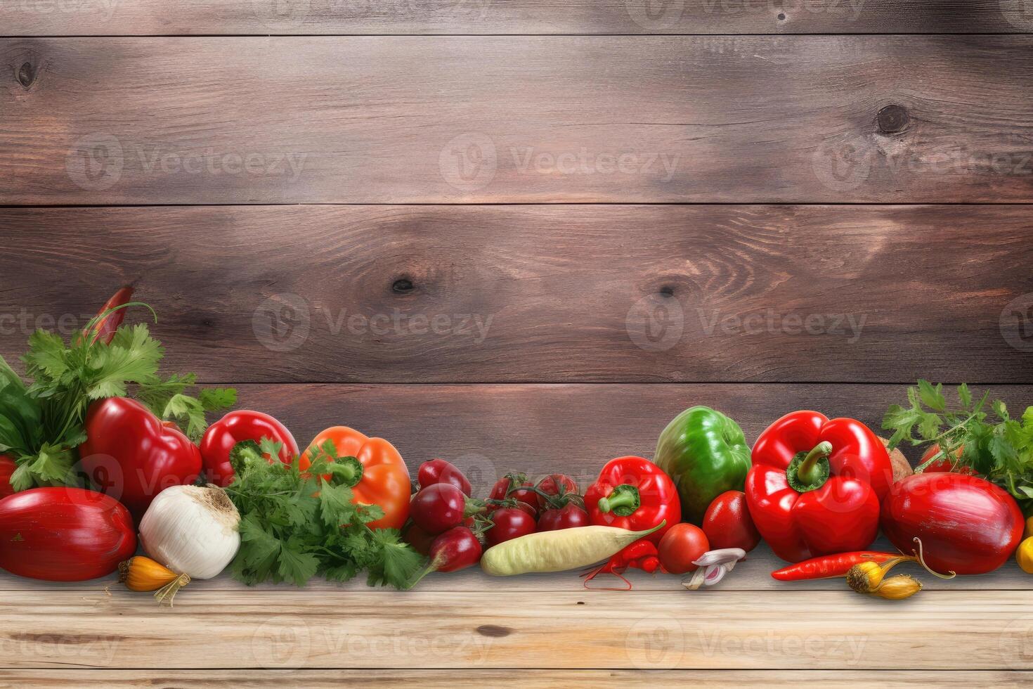 Composition with fresh vegetables on wooden background. Healthy food concept. AI Generated. photo