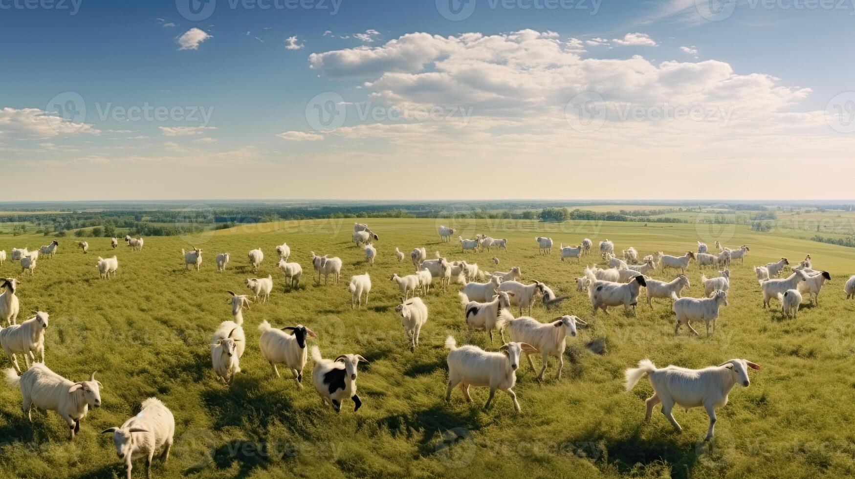 Aerial view of a herd of goats grazing on a green meadow. AI Generated. photo