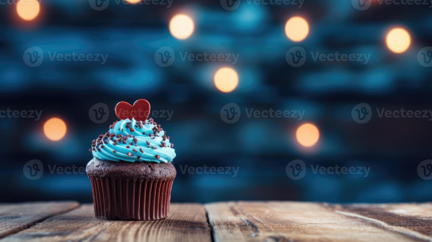 Cupcake with heart on top and bokeh lights on background. AI Generated. photo