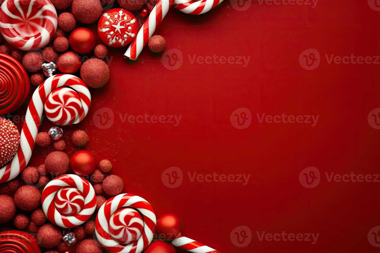 Christmas background with red and white candies and lollipops. AI Generated. photo