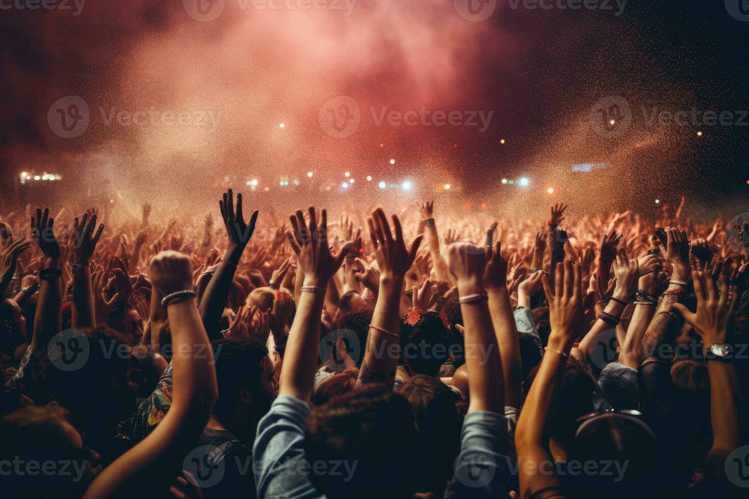 Crowd cheering at a music festival and raising their hands in the air. AI Generated. photo