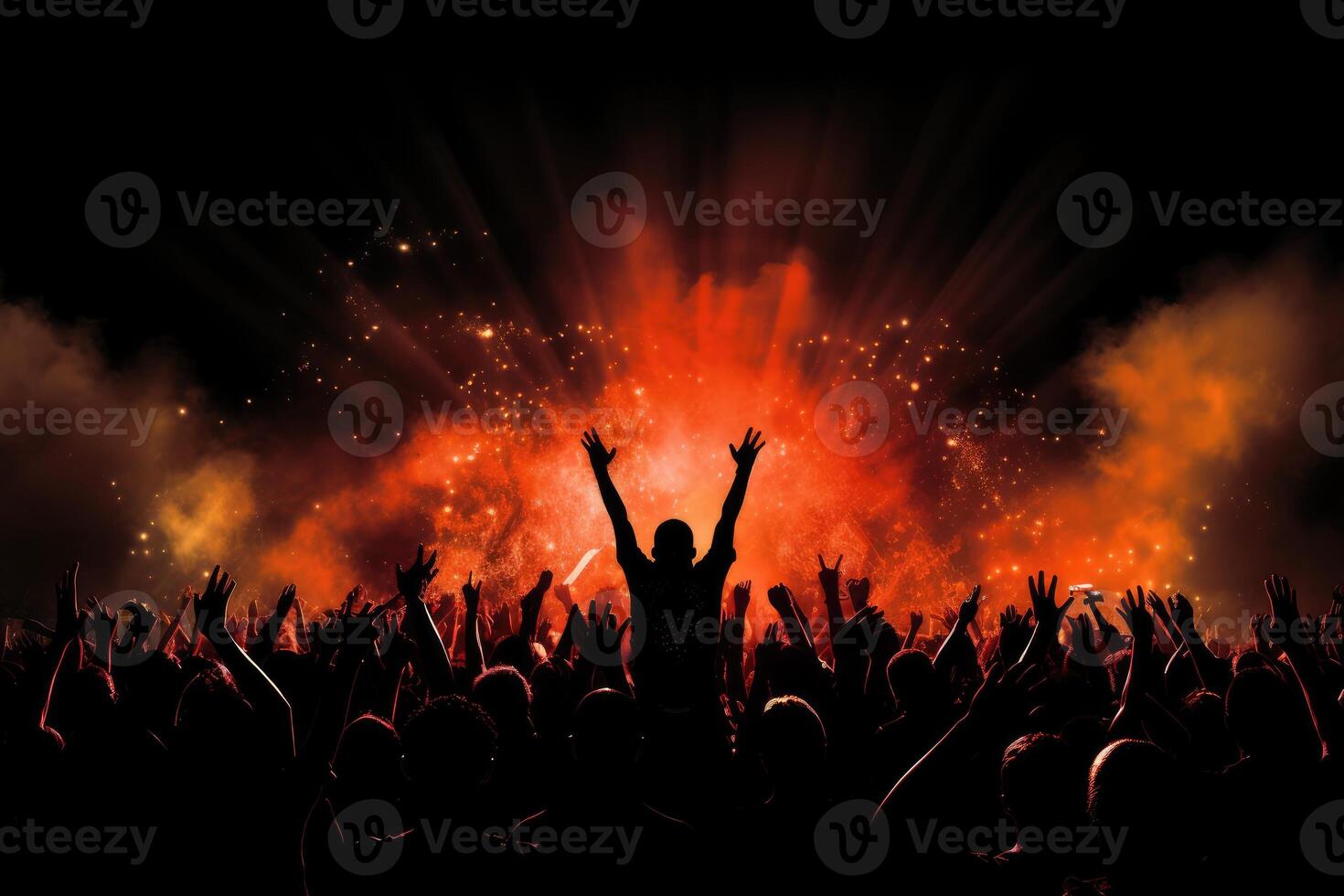 Silhouette of a concert crowd with raised hands at a music festival. AI Generated. photo