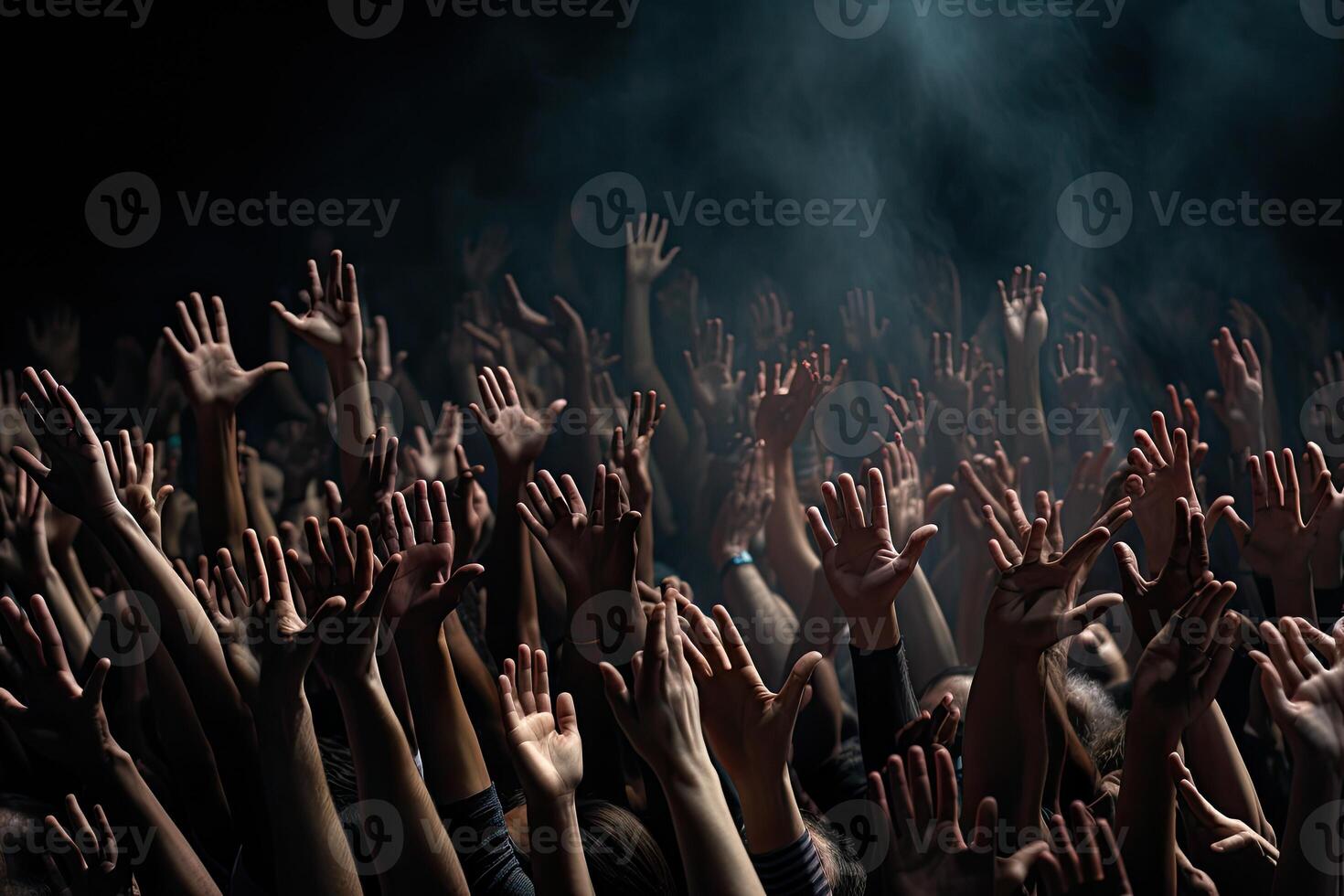 Group of people hands raised up in the air on a black background. AI Generated. photo