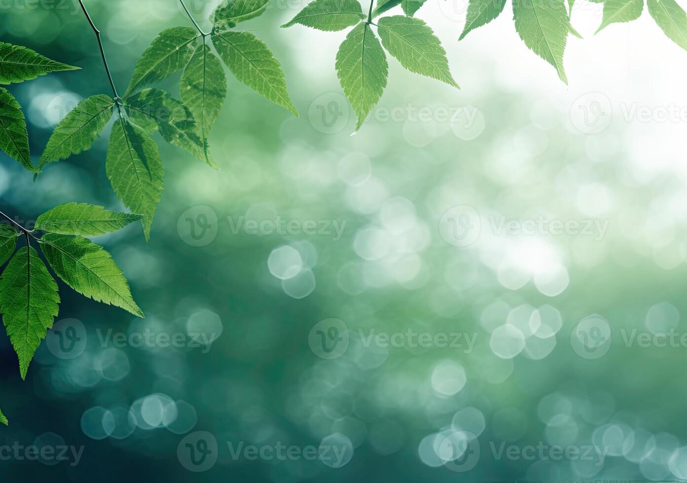 green leaves background in sunny day with bokeh and copy space. AI Generated. photo