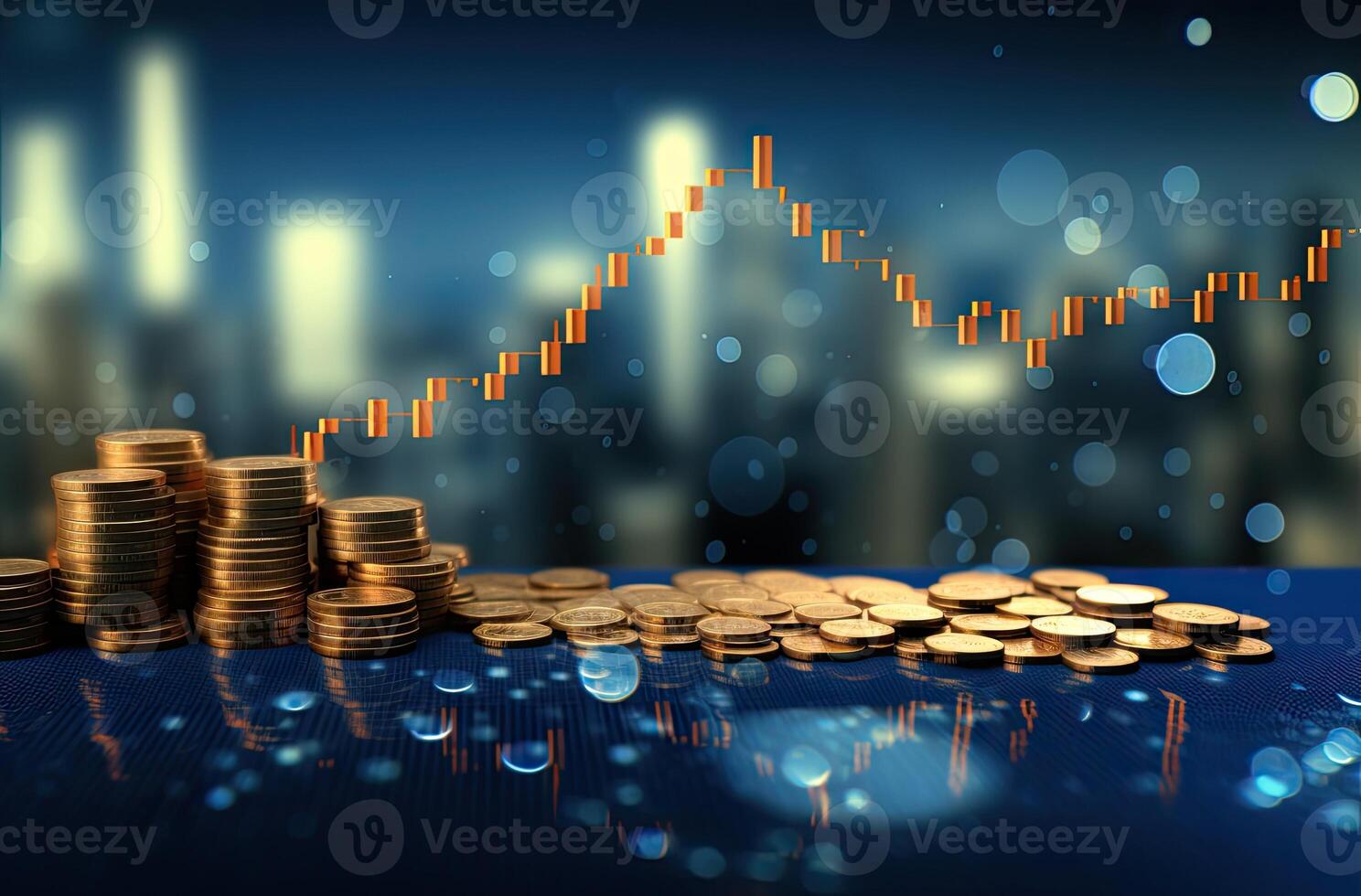 Investment concept, Coins graph stock market financial on LED background. . photo