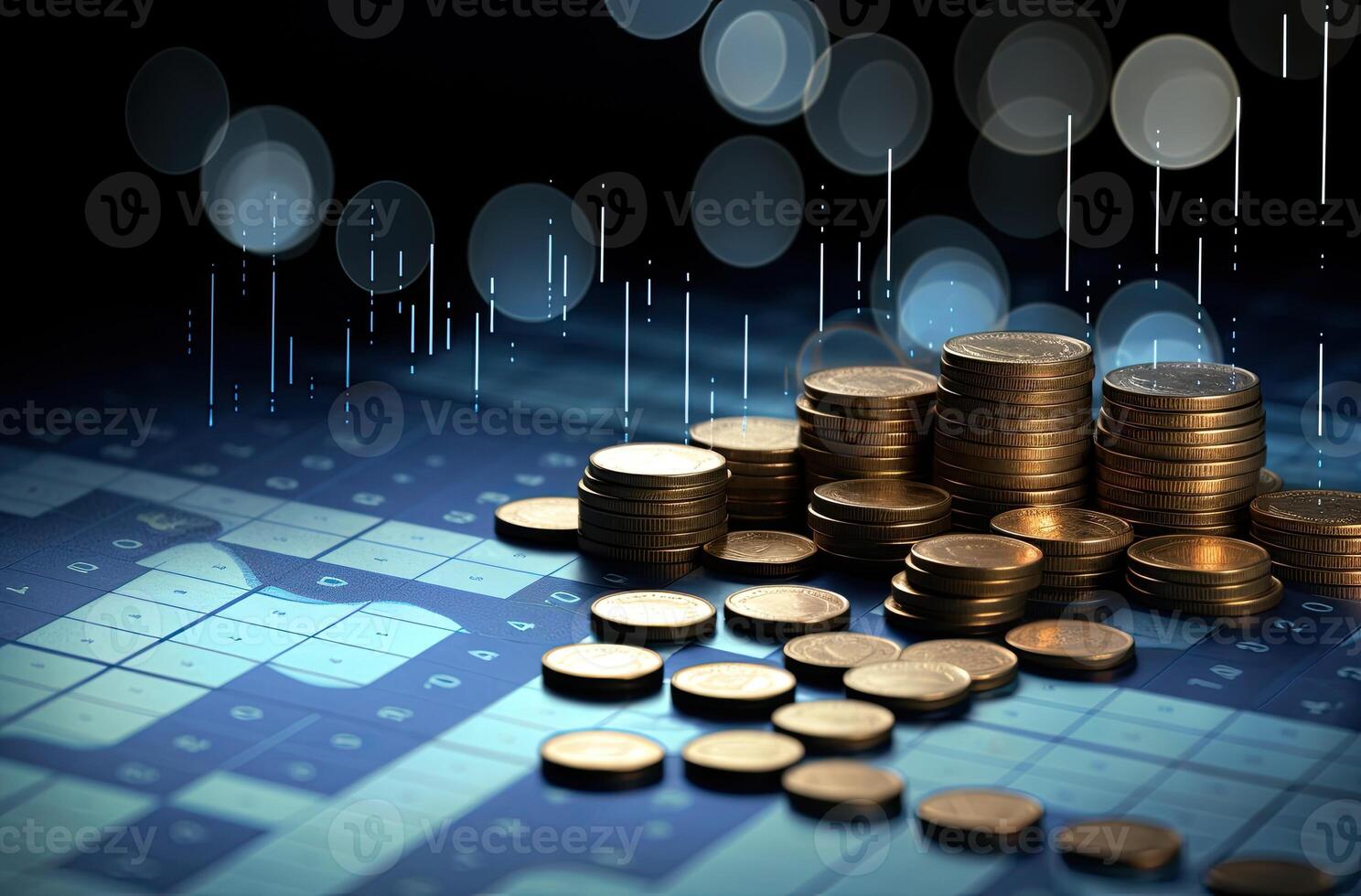 Business image of coin stack with financial graph and light bokeh background. . photo