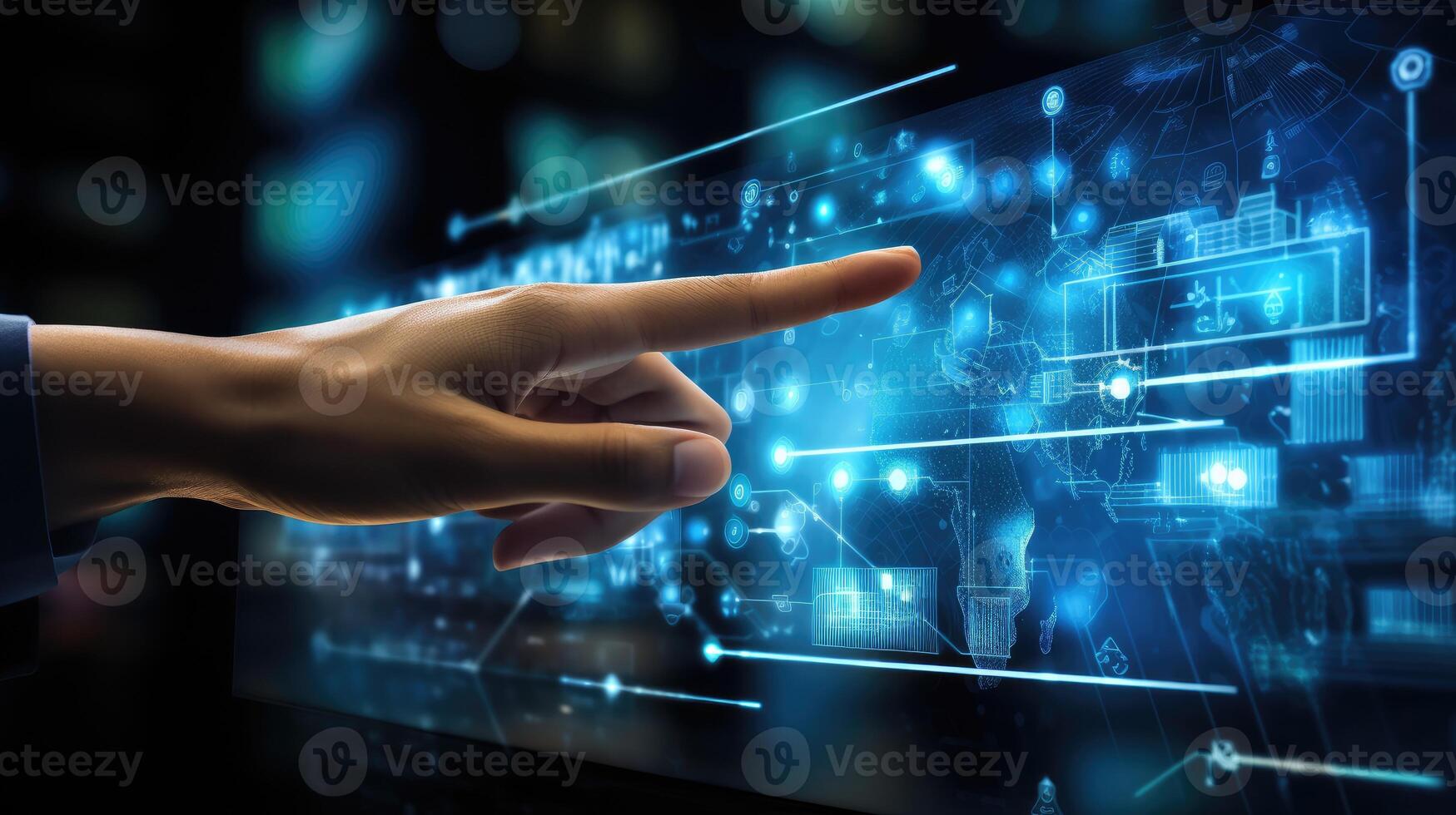 Close up of businesswoman hand touching icon on media screen with finger. AI Generated. photo