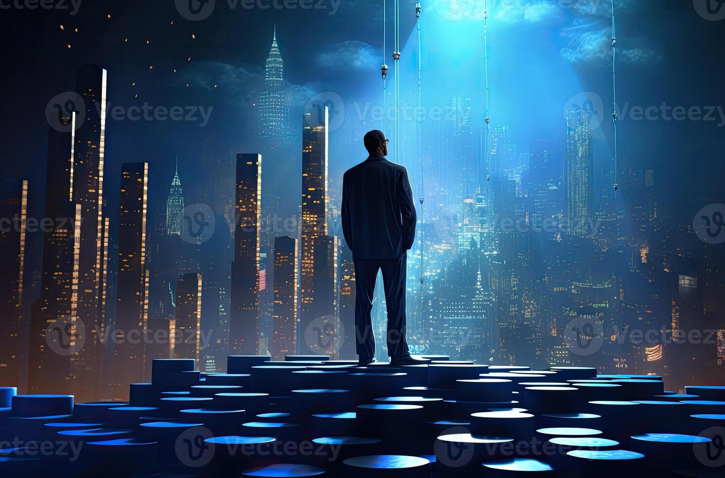 Back view of businessman looking at night city. 3D Rendering. . photo