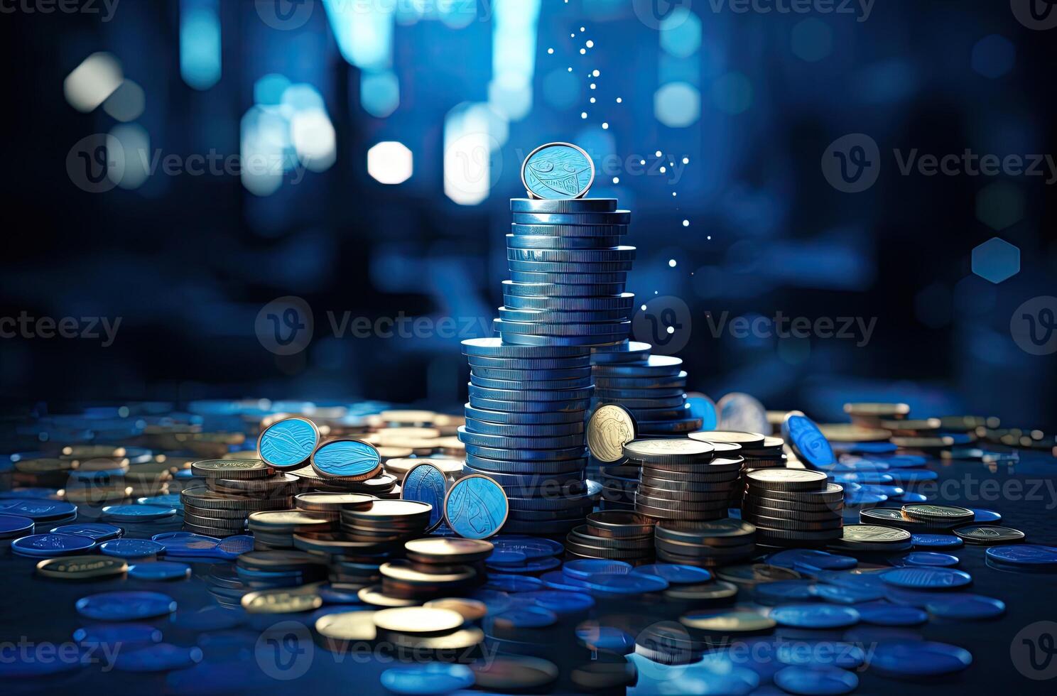 pilas de monedas con azul ligero bokeh fondo, negocio y Finanzas concepto. ai generado. foto