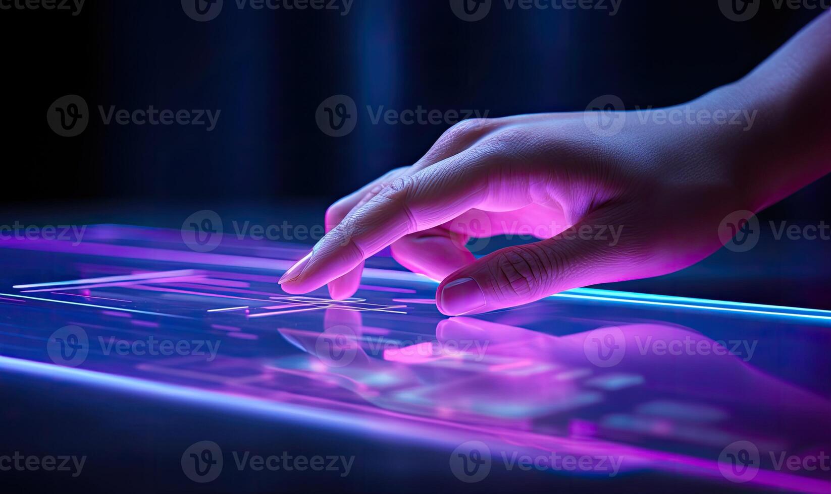 Close up of human hand pressing virtual button on touch screen computer