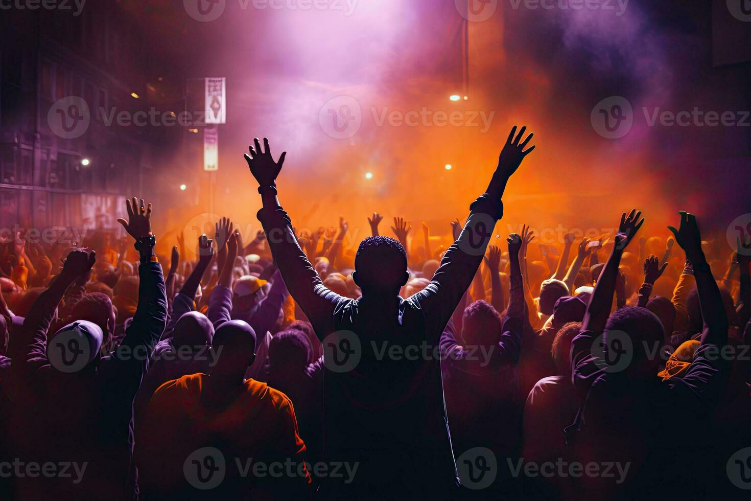 Crowd of people with raised hands at a live music concert. AI Generated. photo