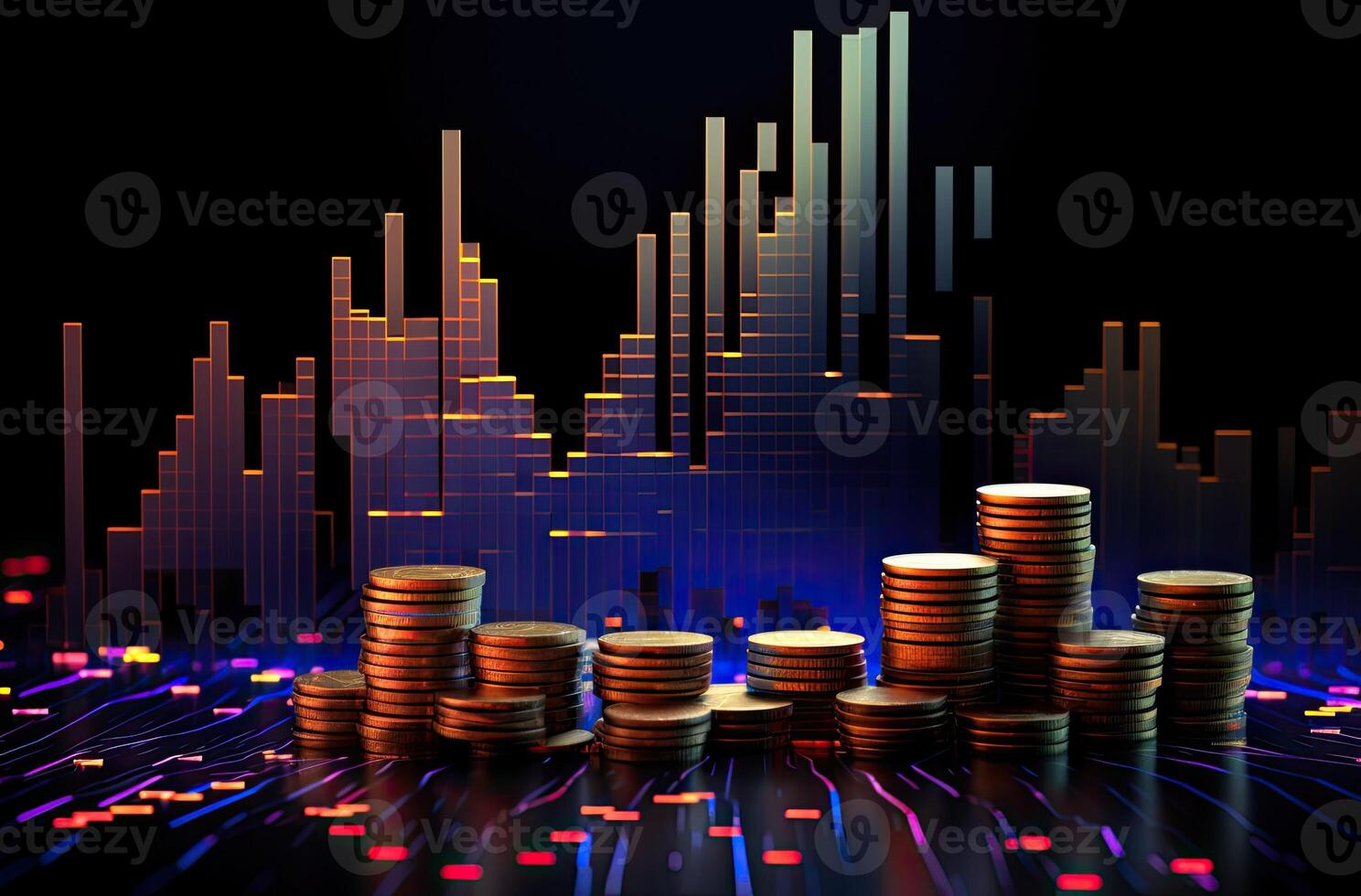 Investment concept, Coins graph stock market on black background, 3d ...