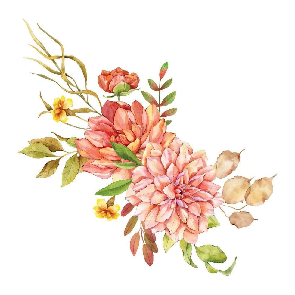 Watercolor fall floral bouquet hand painted illustration. Hand Painted watercolor flowers isolated on white background.  Perfect for wedding invitations, bridal shower and floral greeting cards vector