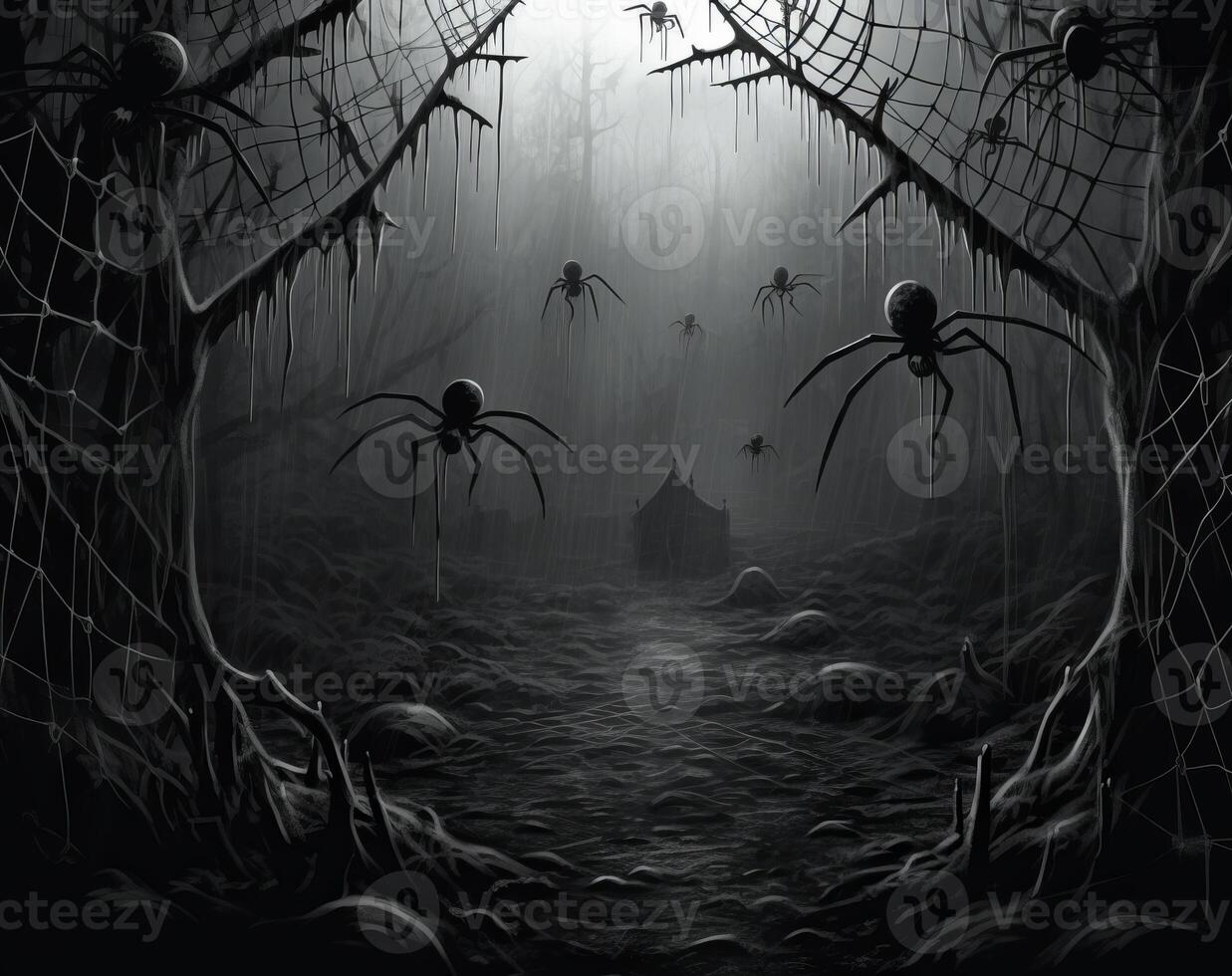 Halloween background with spiders and cobwebs in the dark forest. . photo