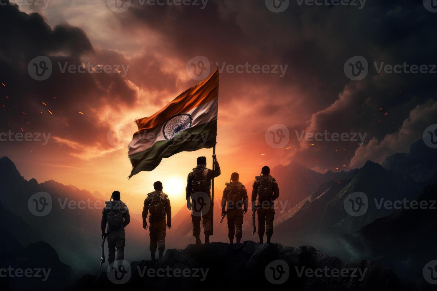 Silhouette of army soldiers with flag of India in the mountains. 3D Rendering. . photo