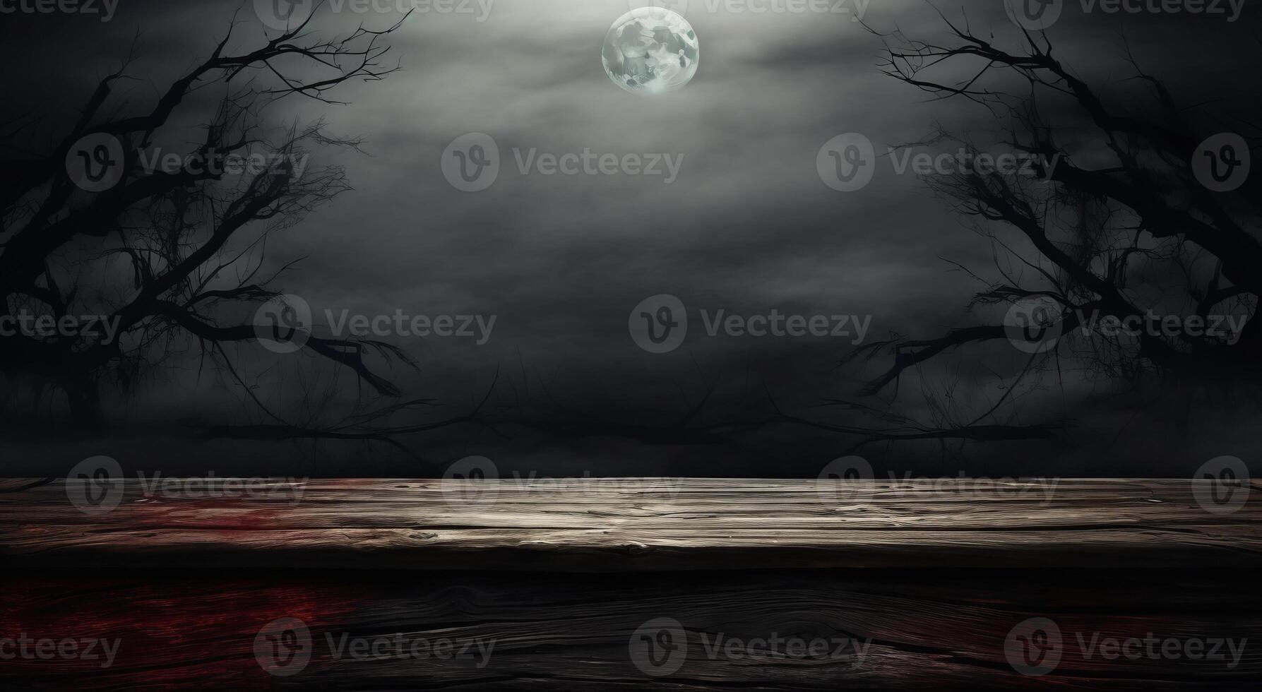 Halloween background with empty wooden table and full moon in the sky. . photo