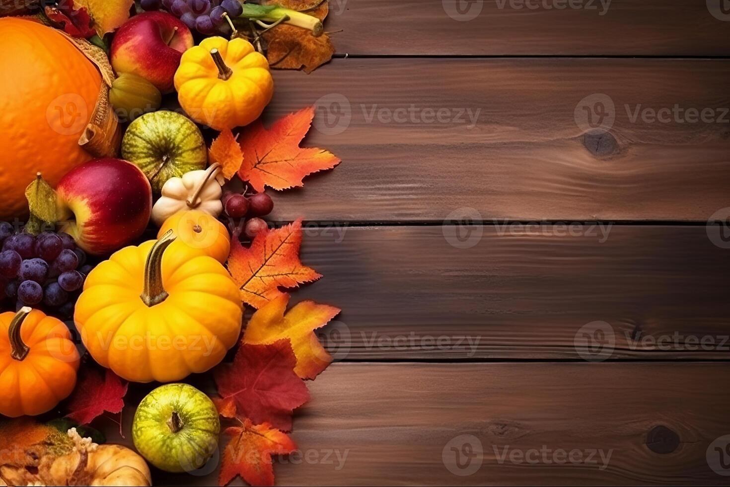 Autumn background with pumpkins, apples, grapes and leaves on wooden table. . photo