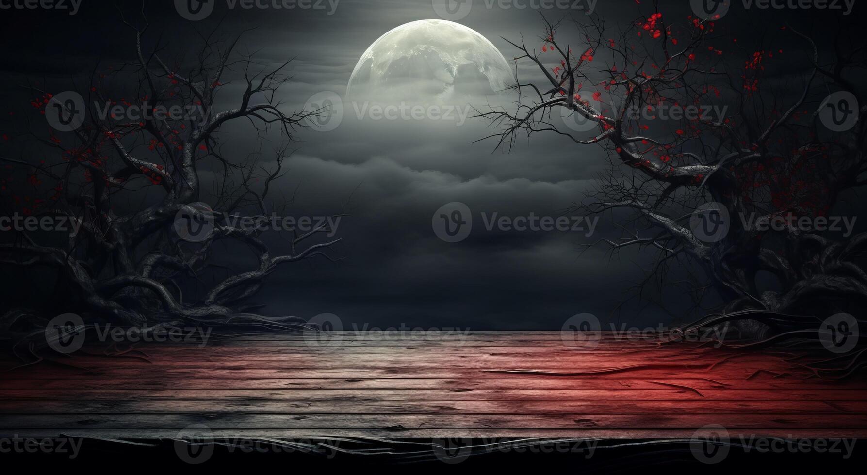 Halloween background with empty wooden table and full moon. 3D rendering. . photo