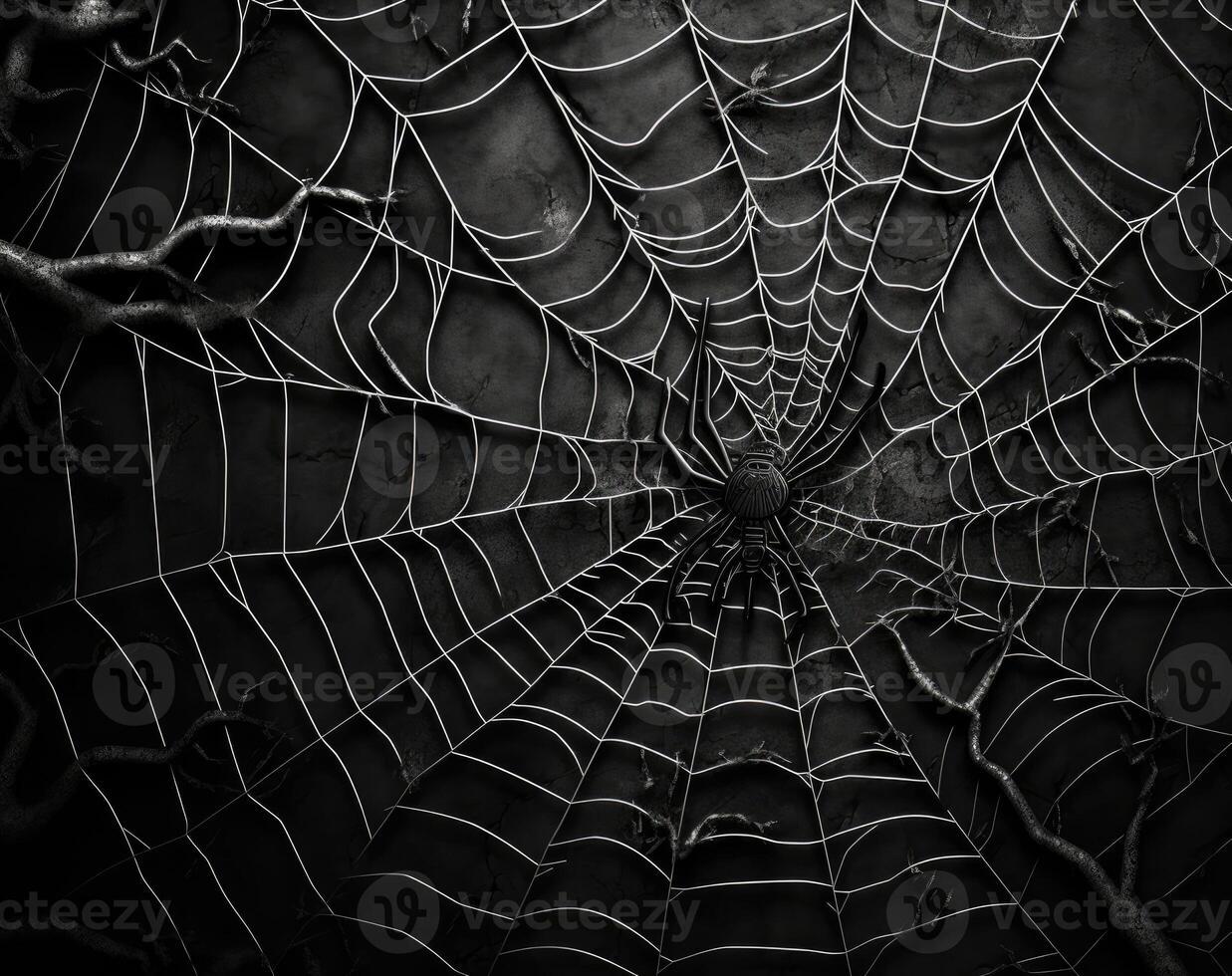 araña web en oscuro fondo, negro y blanco color tono. ai generado. foto