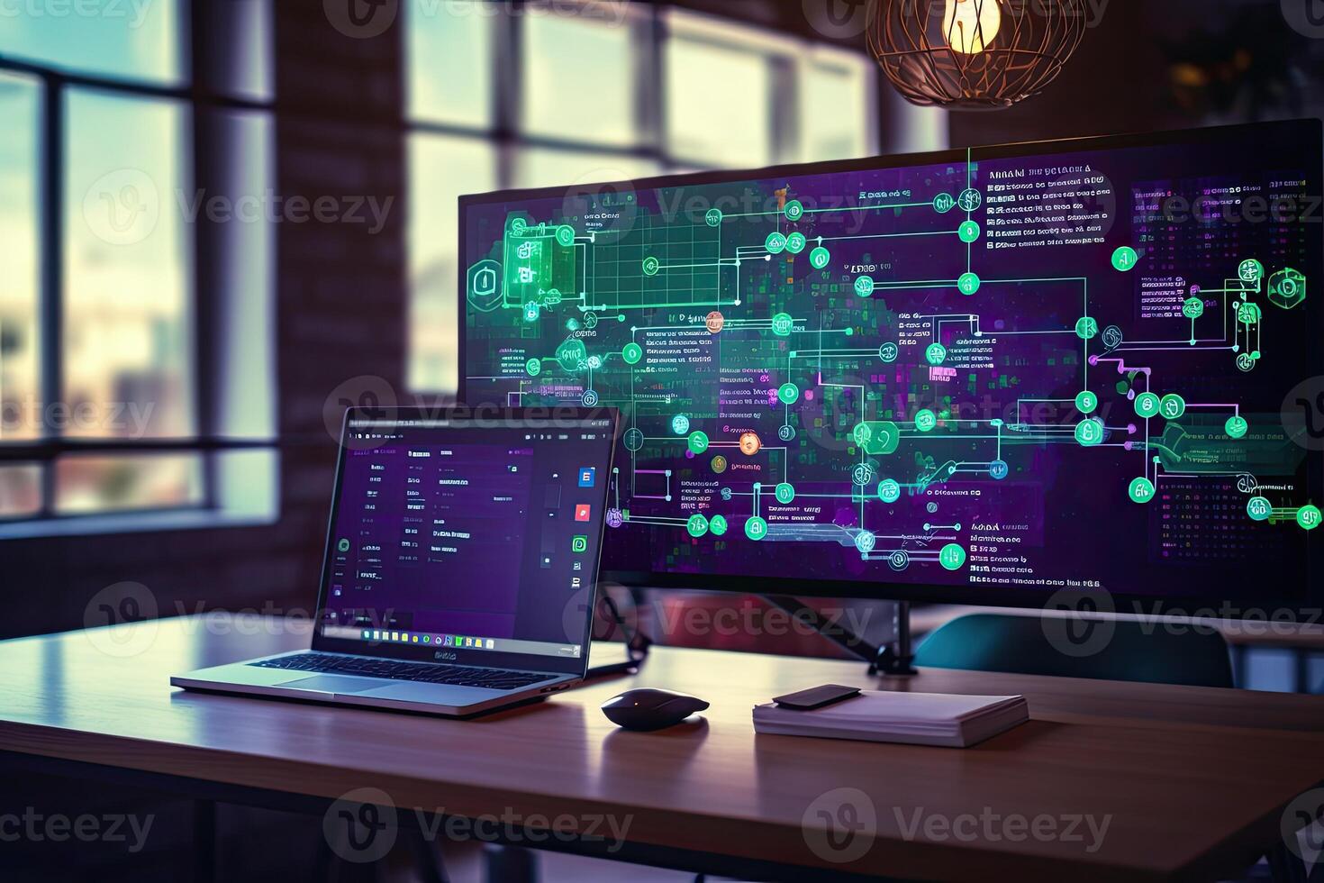 Computer screen with abstract programming interface. Technology and coding concept. 3D Rendering. . photo