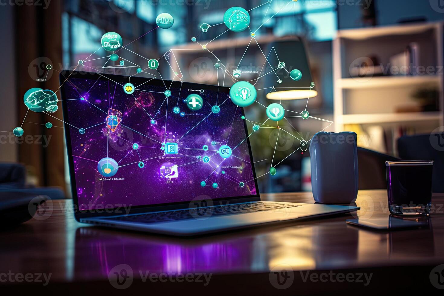 Laptop with social network concept on screen. 3D rendering. . photo