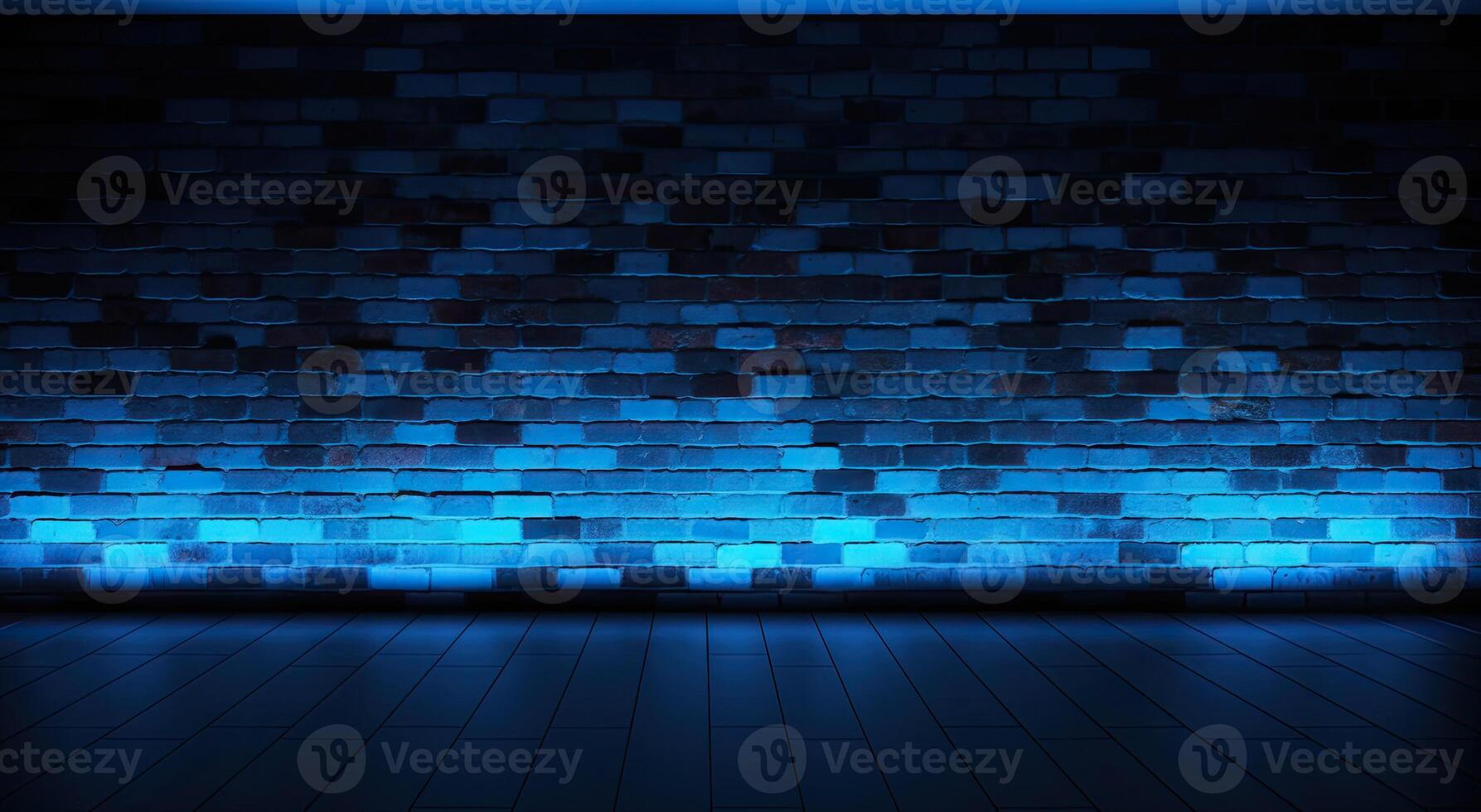 Dark blue brick wall with glowing neon lights. 3D Rendering. . photo