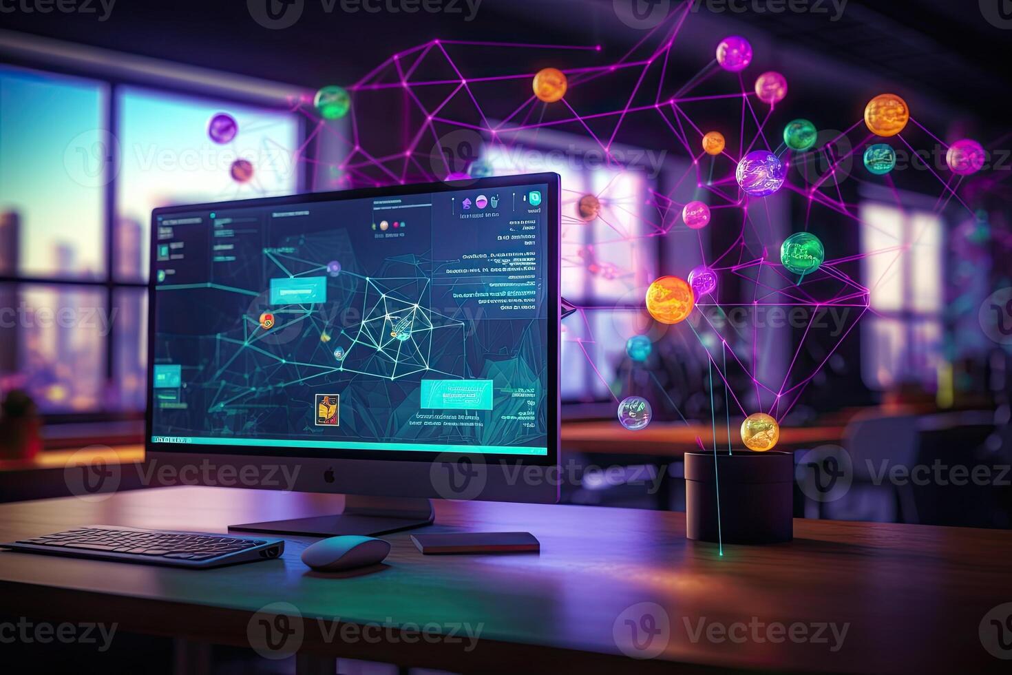 Computer screen with abstract glowing network on office interior background. 3D Rendering. AI Generated. photo