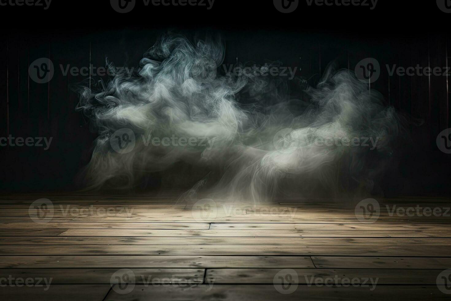 Wooden floor and smoke on a black background. 3d rendering. AI Generated. photo