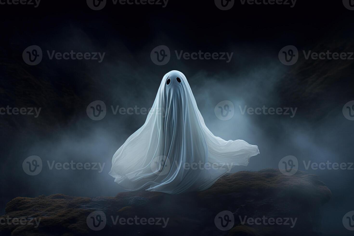 Ghost on the rock. Halloween concept. 3D Rendering. . photo