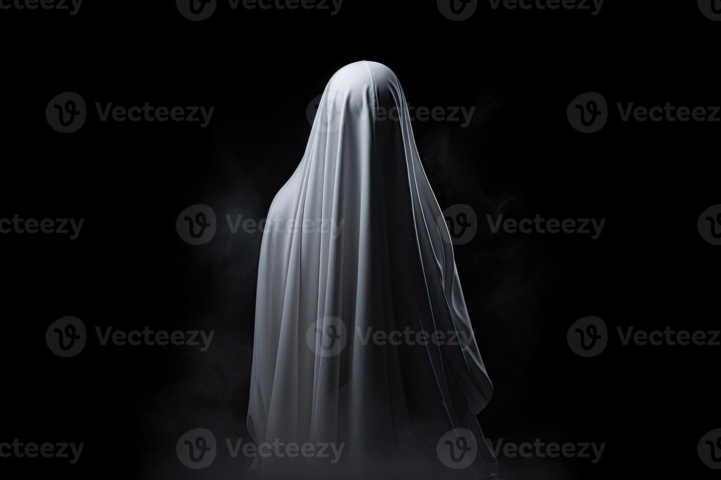 Mysterious dark image of a female figure in a white robe. AI Generated. photo