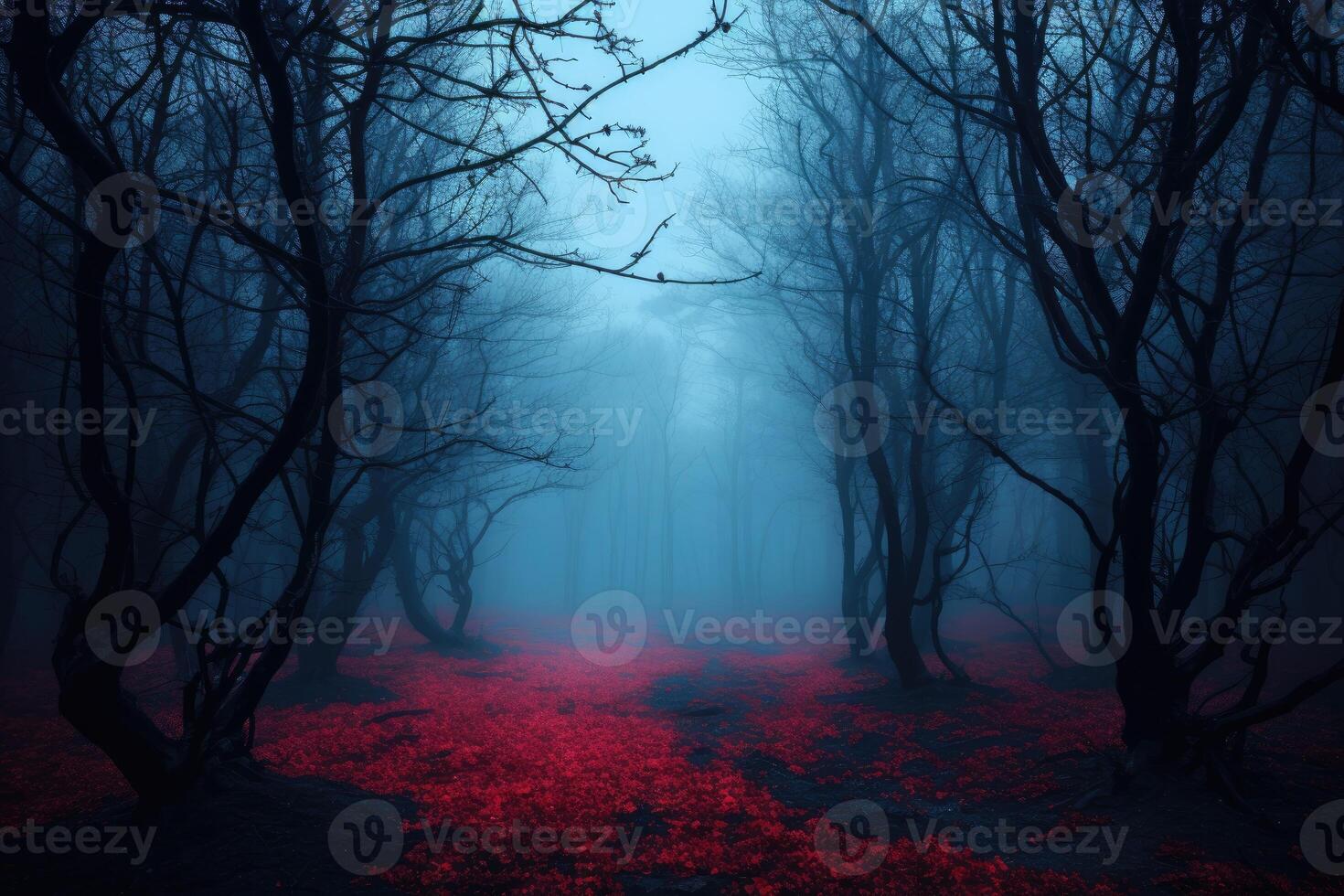 Mystical dark forest with fog and red light. Halloween concept. AI Generated. photo