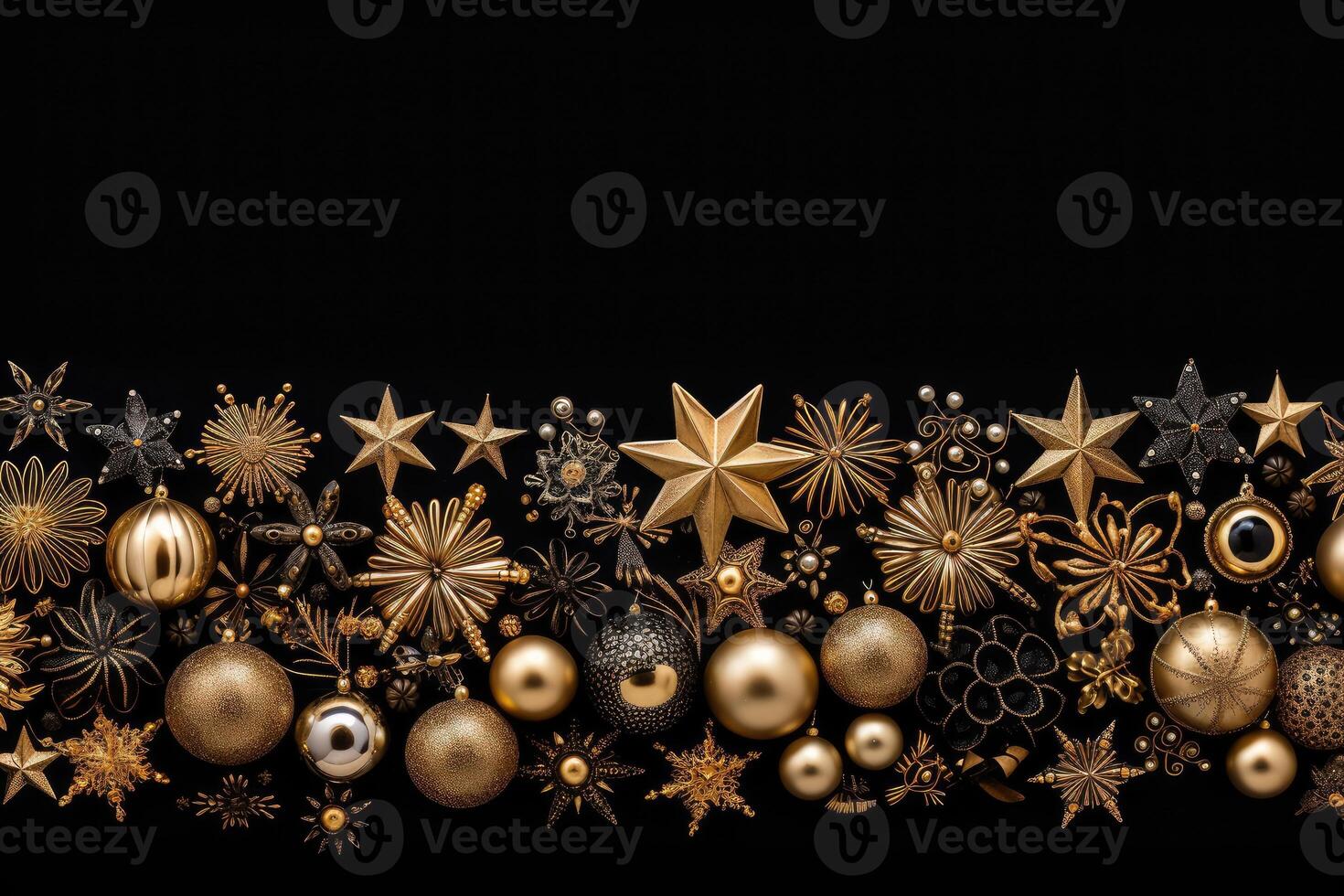 Christmas and New Year background with gold and silver decorations on black background. . photo