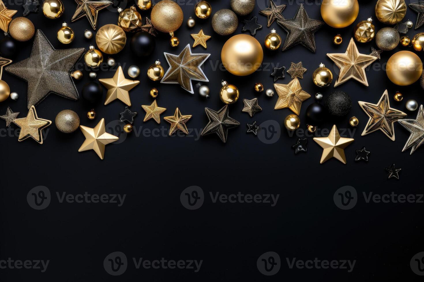 Christmas and New Year background with gold, silver and black baubles and stars on black. AI Generated. photo