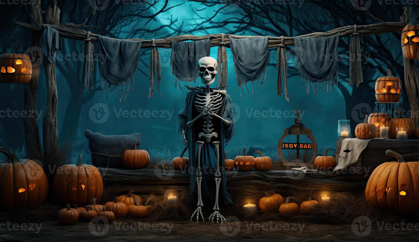 Scary Halloween background with a human skeleton and pumpkins. 3d render. AI Generated. photo