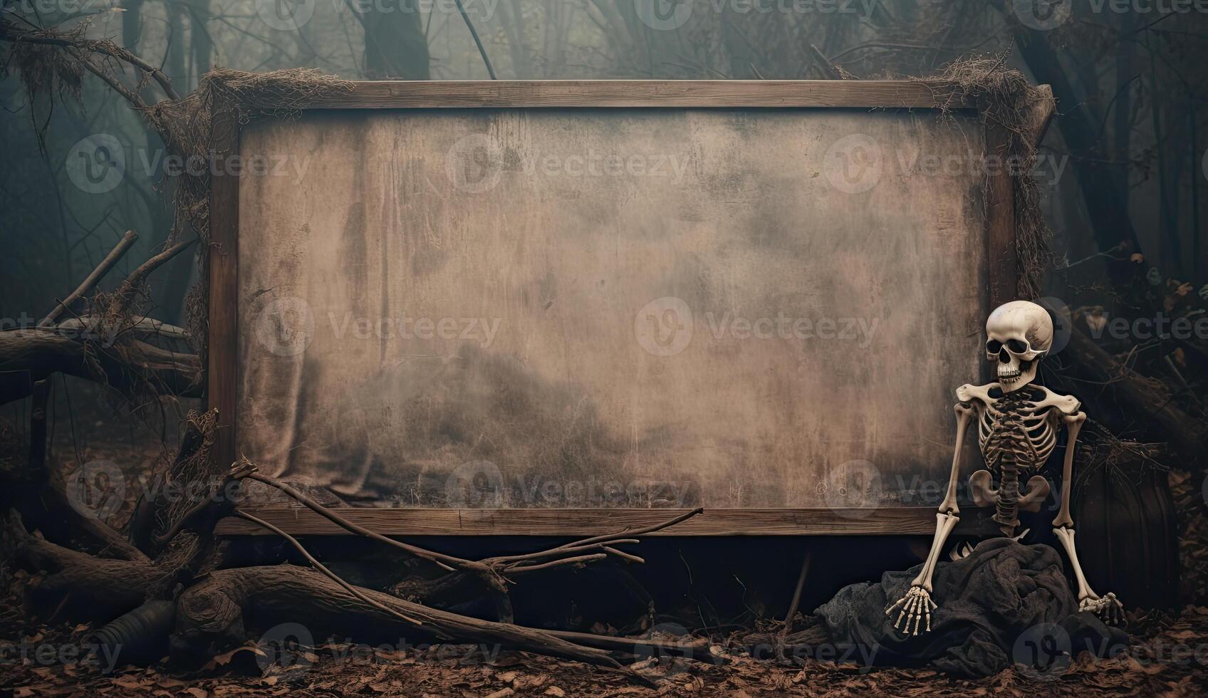 Scary halloween background with empty wooden board and skeleton. AI Generated. photo