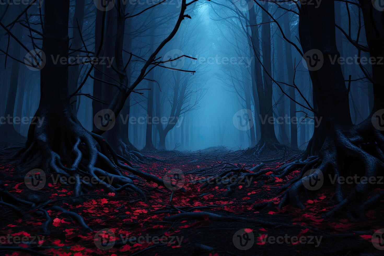 Mysterious dark forest with fog and red leaves. Halloween background. . photo