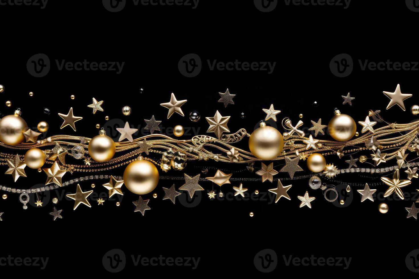 christmas background with golden baubles and stars on black background. . photo