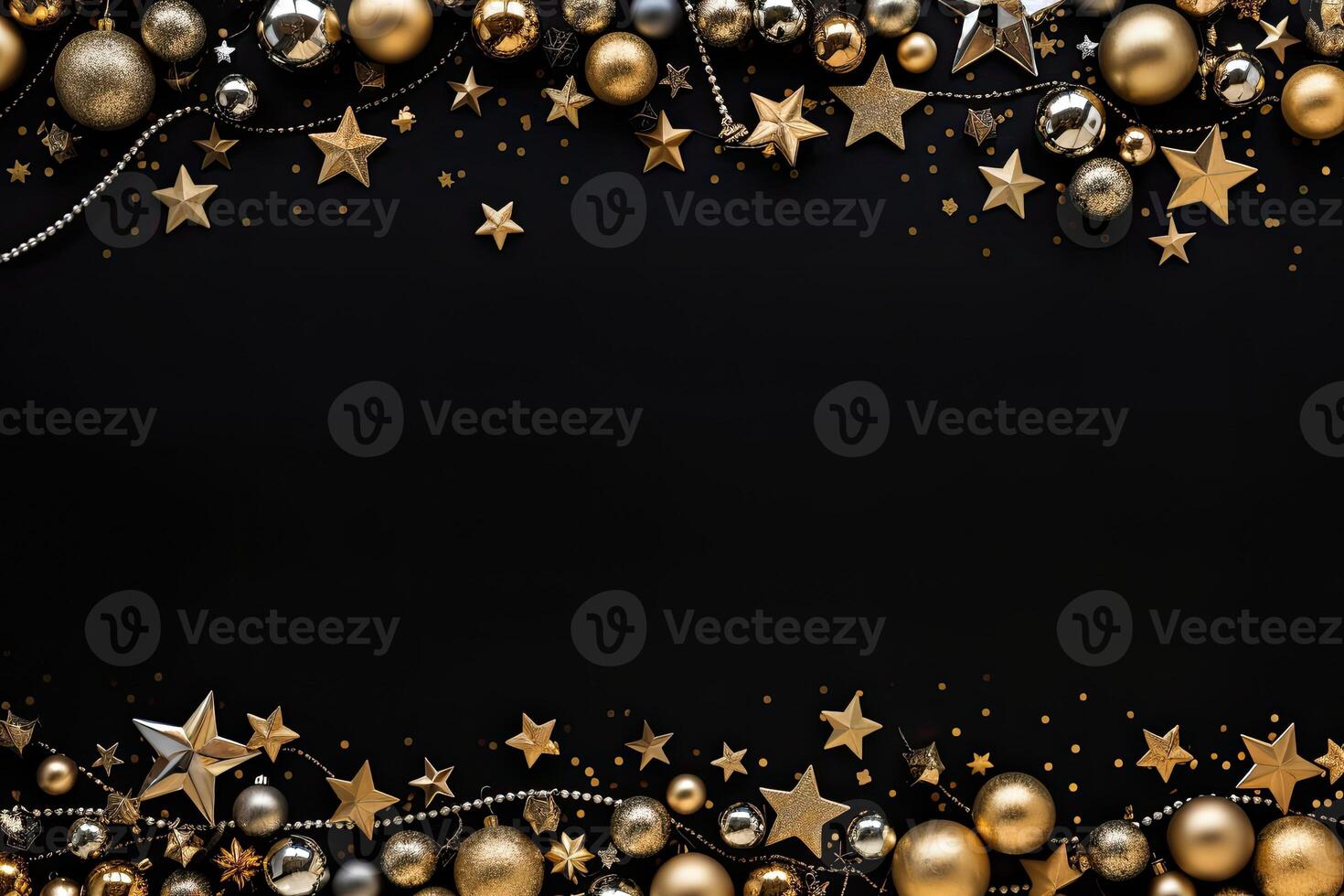 Christmas and New Year background with golden decorations on black. Top view with copy space. AI Generated. photo