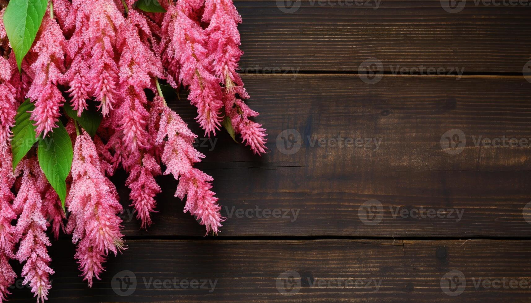 rosado flores en de madera fondo, parte superior ver con Copiar espacio. ai generado. foto