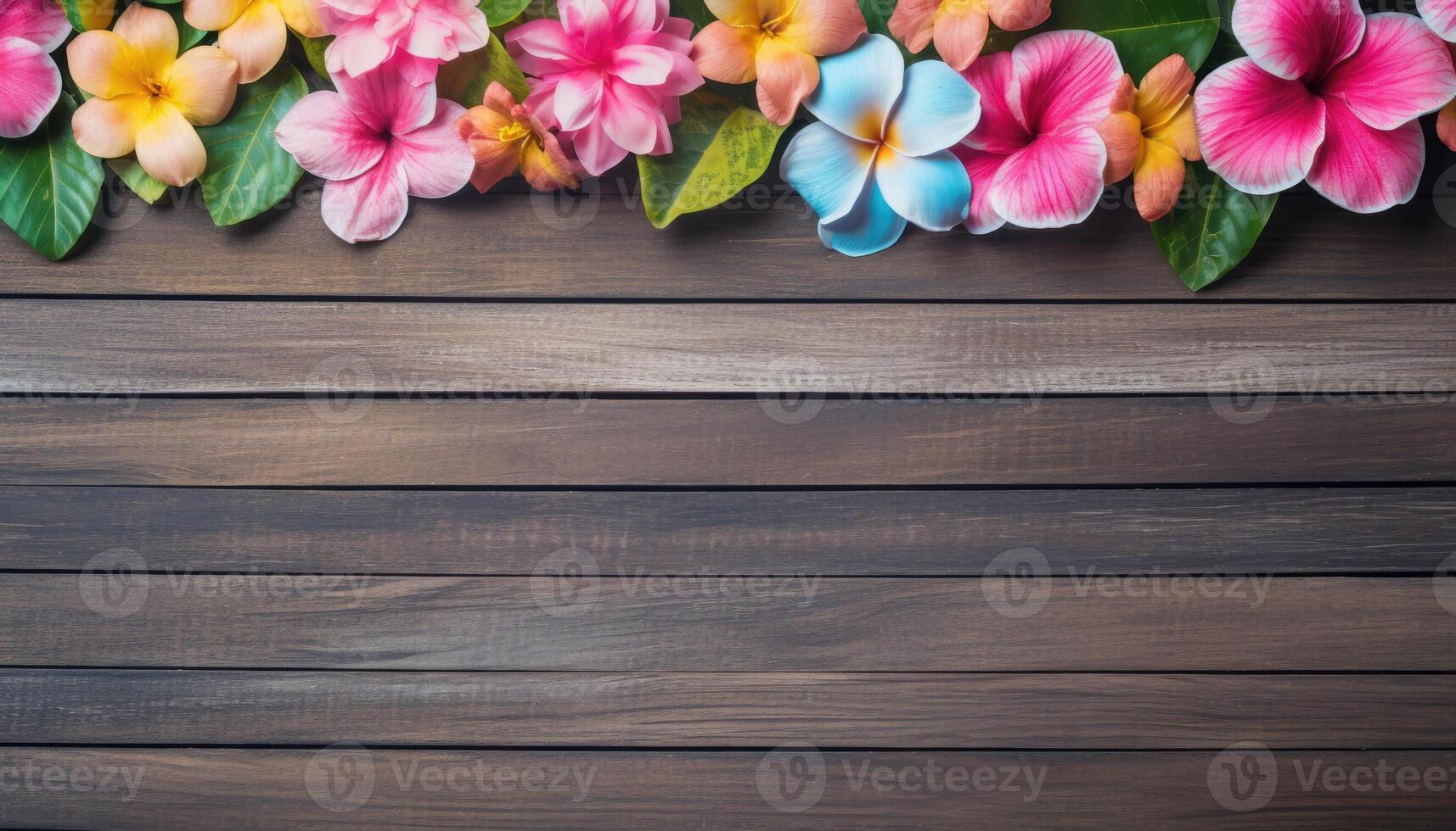 Plumeria flowers on wooden background with copy space for text. AI Generated. photo