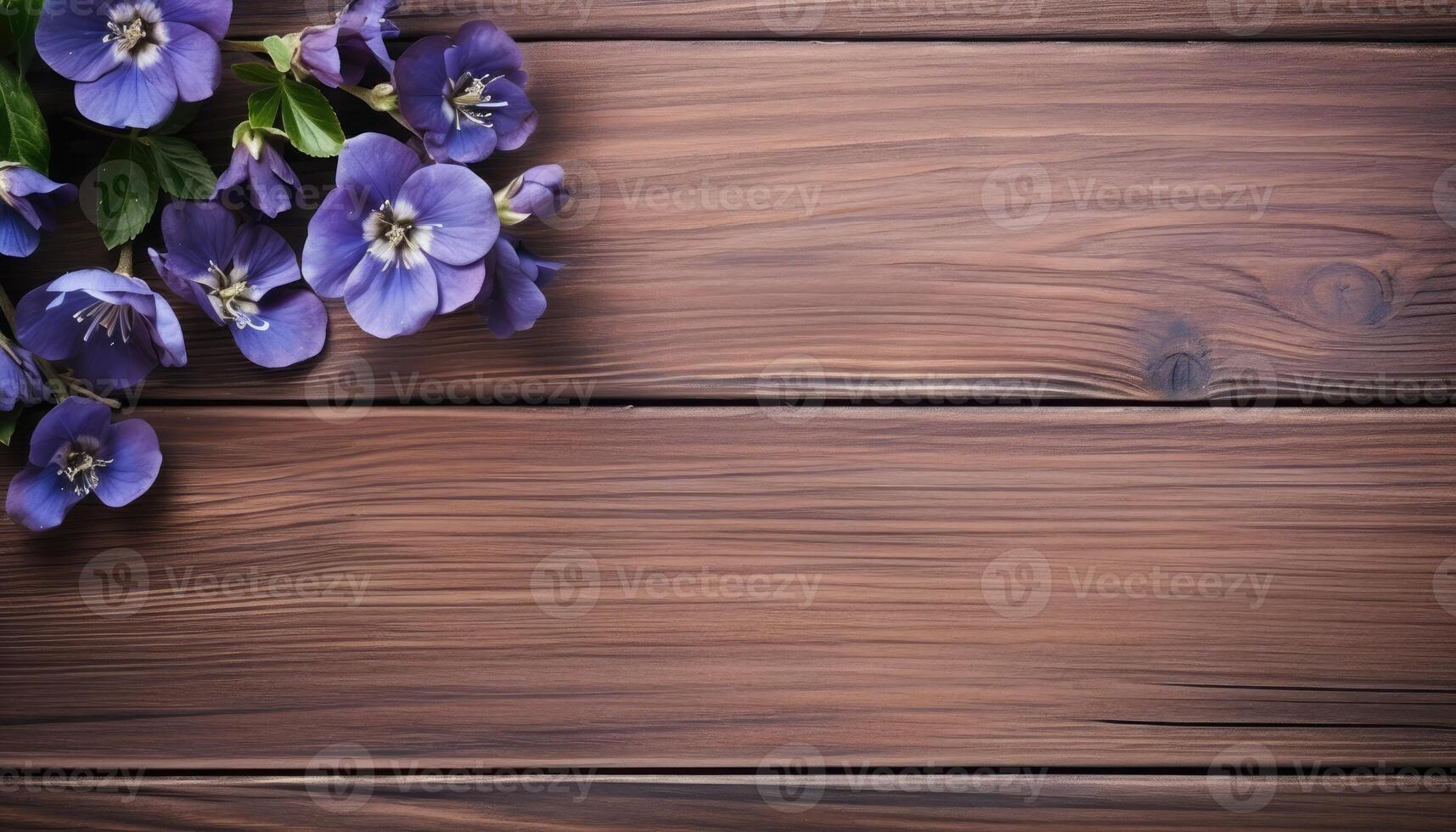 Violeta flores en de madera antecedentes. parte superior ver con Copiar espacio. ai generado. foto