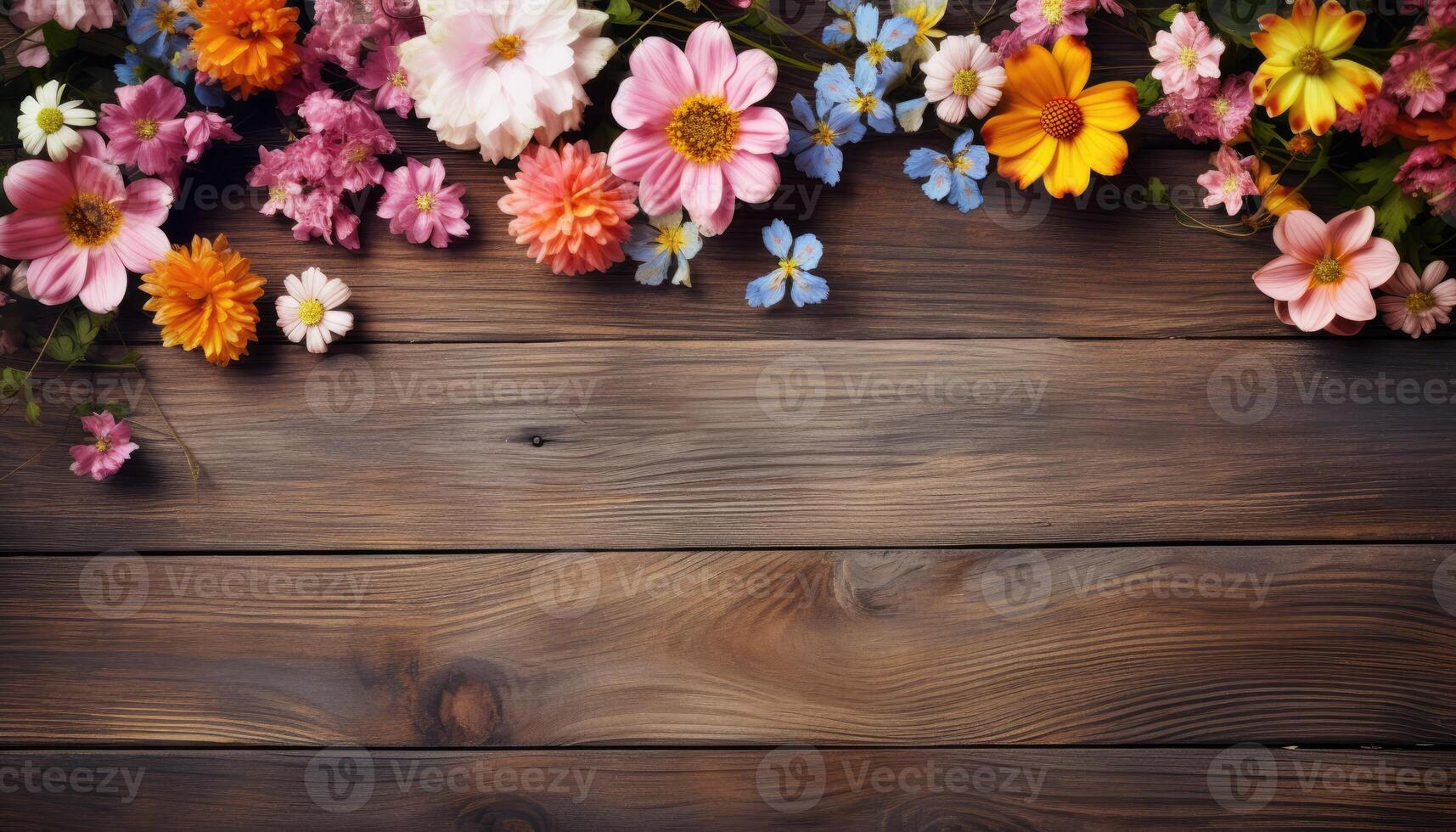 Colorful flowers on wooden background. Top view with copy space. AI Generated. photo