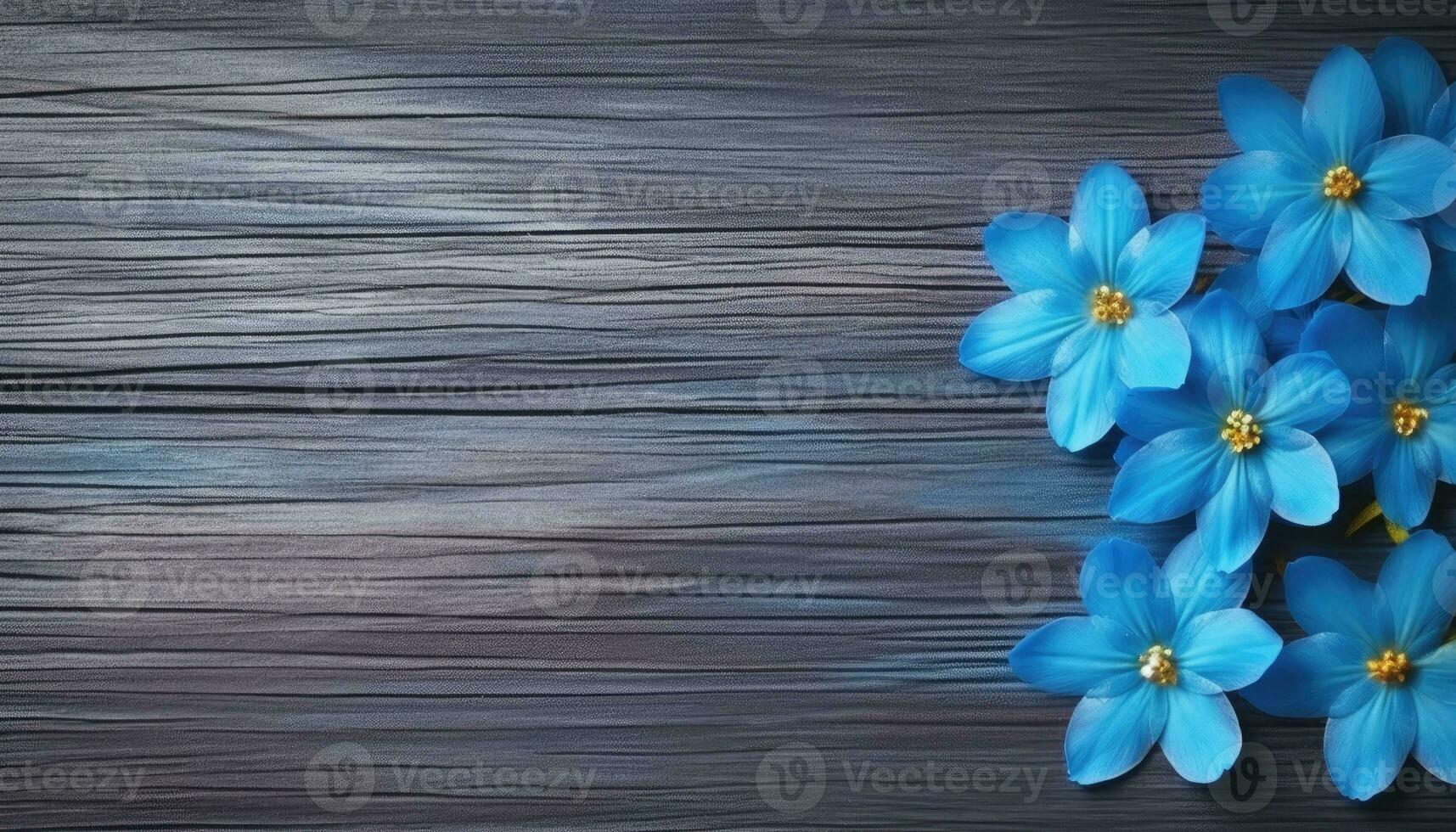 Blue crocus flowers on a wooden background. Top view with copy space. AI Generated. photo