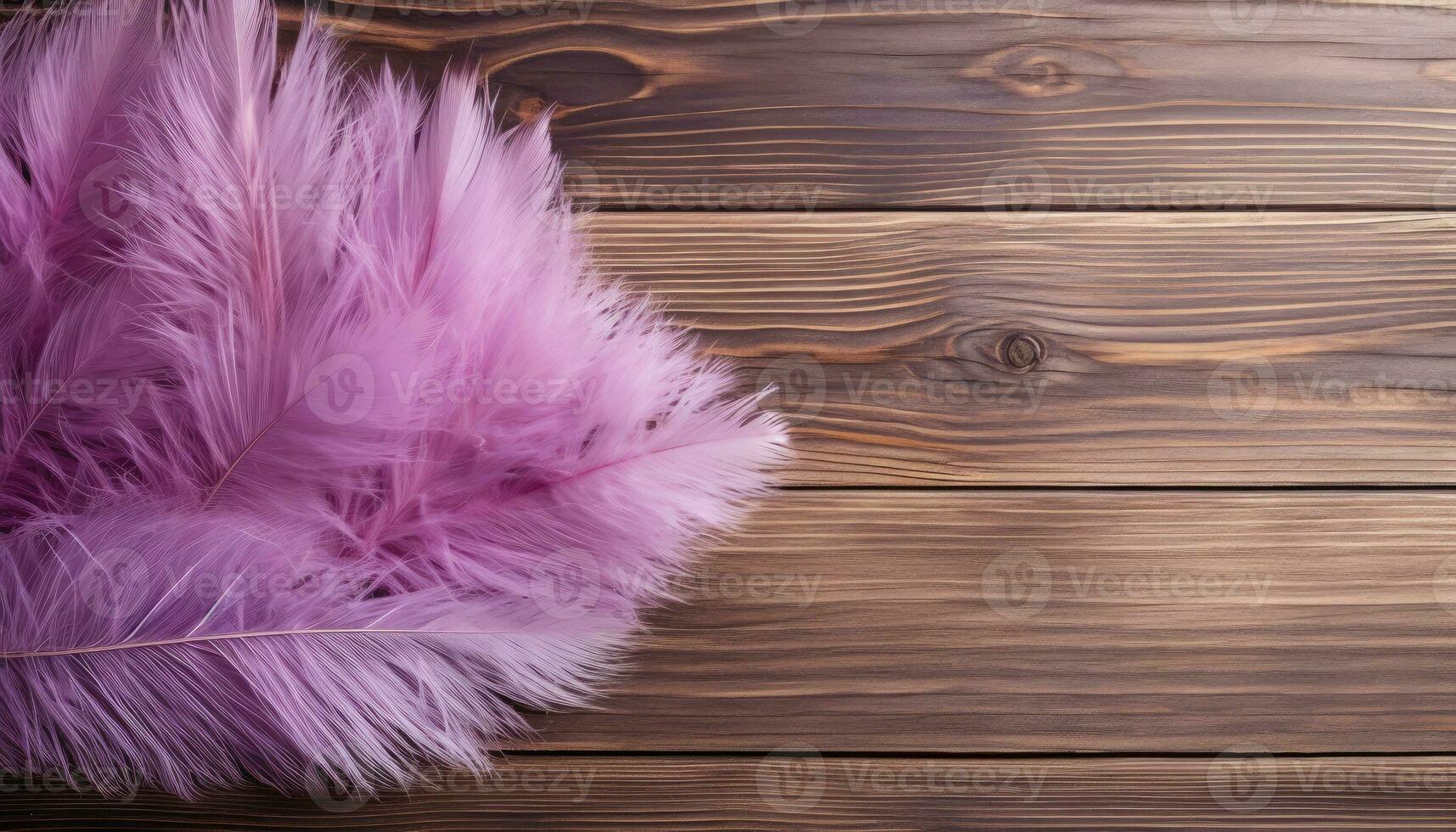 Purple feathers on wooden background. Top view with copy space. AI Generated. photo