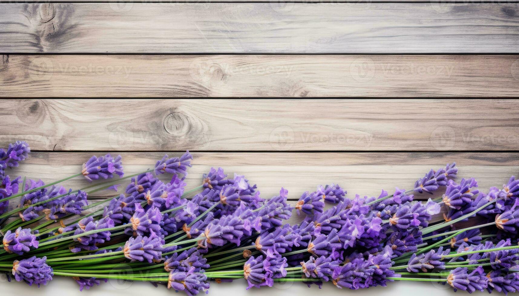 Lavender flowers on wooden background. Top view with copy space. AI Generated. photo