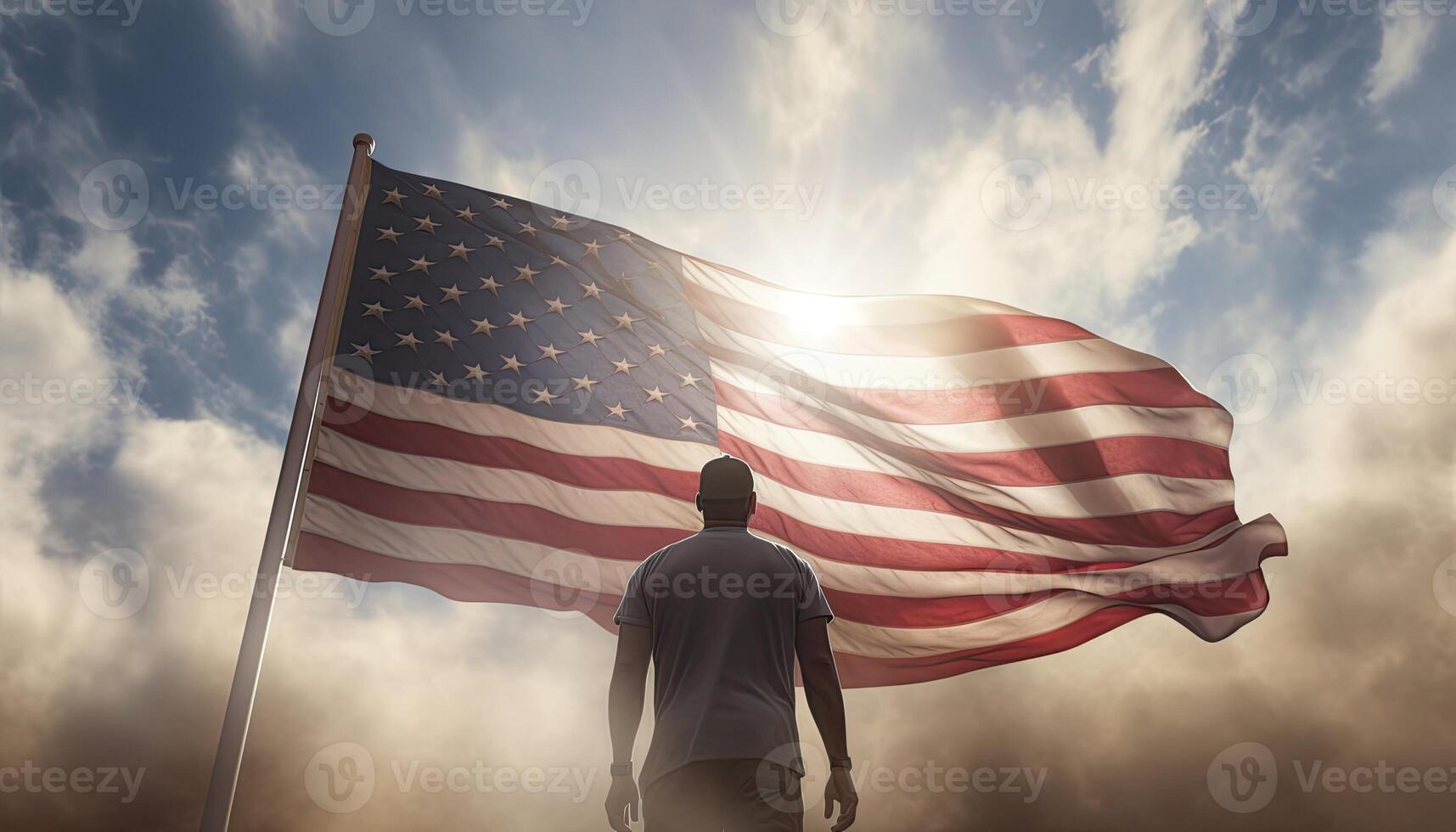 Rear view of a man holding the American flag against cloudy sky. AI Generated. photo